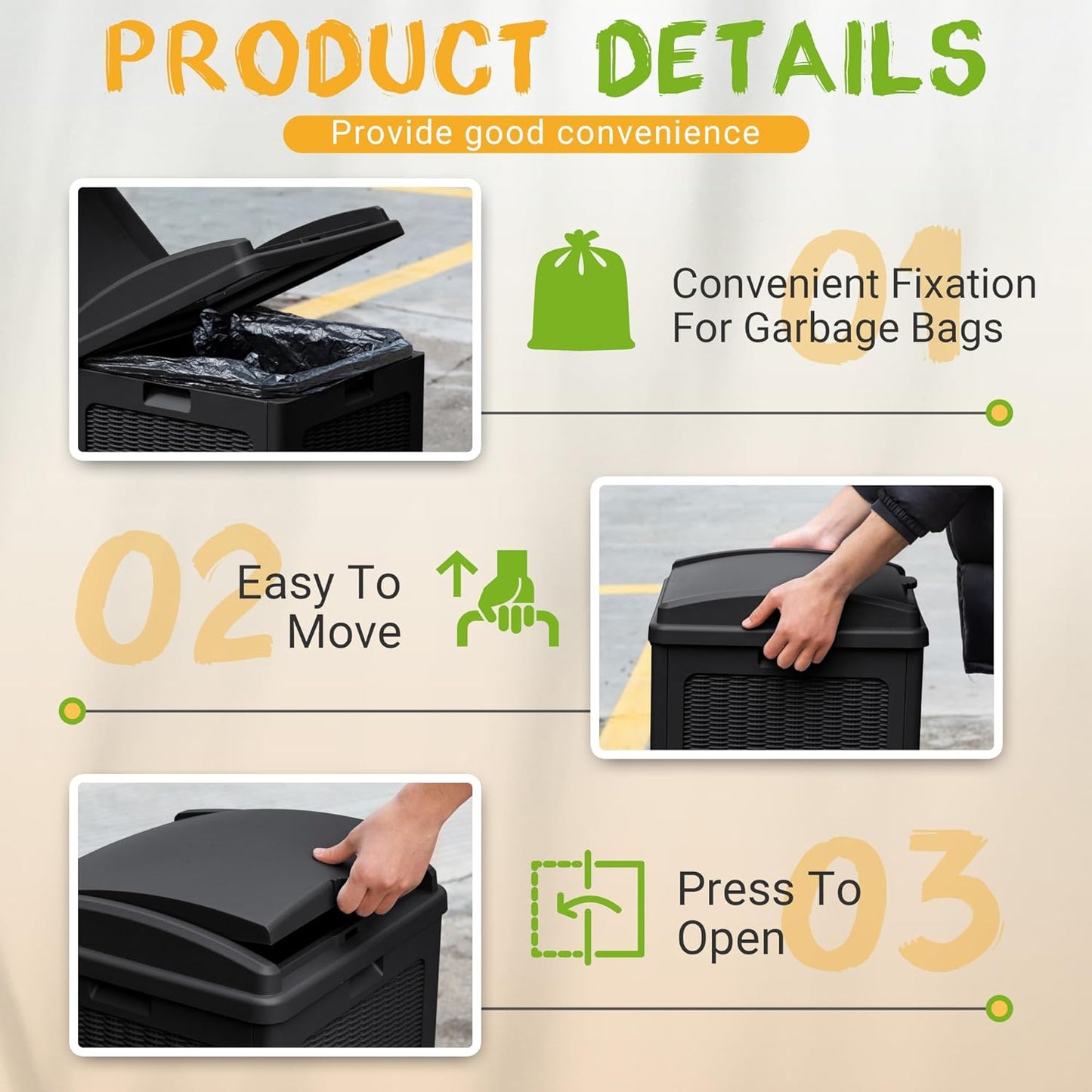 YESHOMY 2 Pack Outdoor Trash Can with Lid, Garbage Bins for Garden, Porch, Home and Kitchen, Black