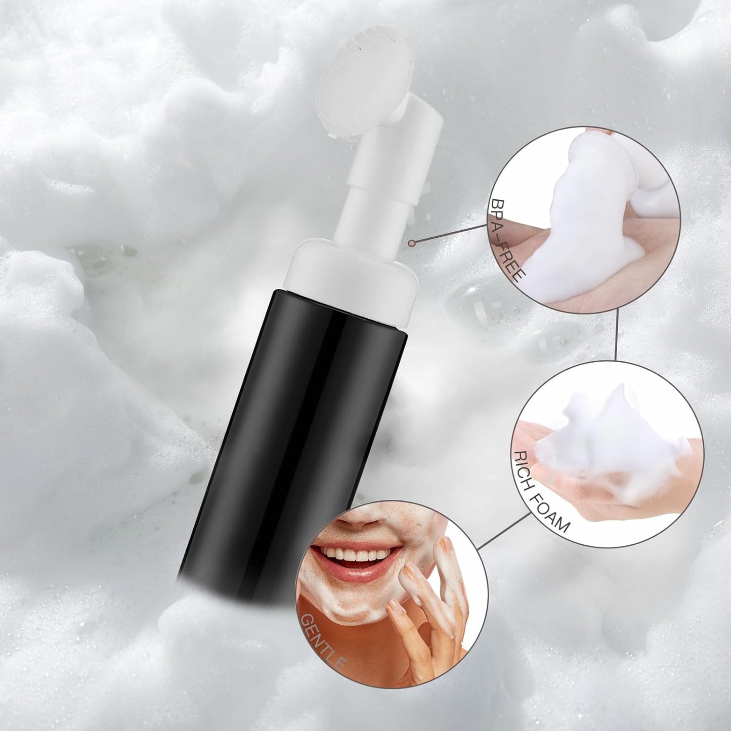 2 OZ Foam Bottle with Brush, Empty Foaming Dispensers to Travel for Soap, Shampoo (3pcs, Black)