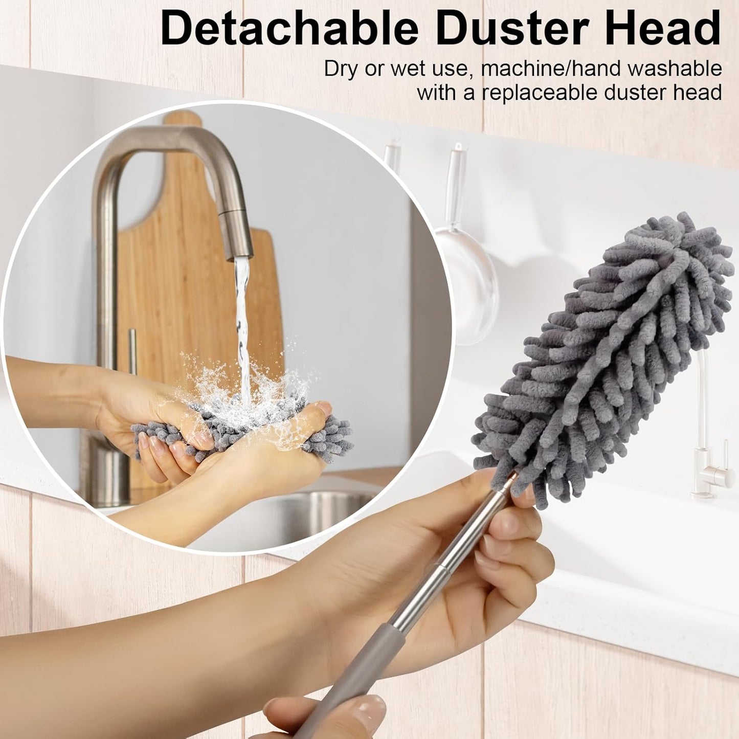 Microfiber Feather Duster for Cleaning,Sheneyron Washable Dusters,with 2pcs Replaceable Microfiber Head,Detachable Cleaning Supplies for Car,Ceiling Fan,Window,Furniture,Office