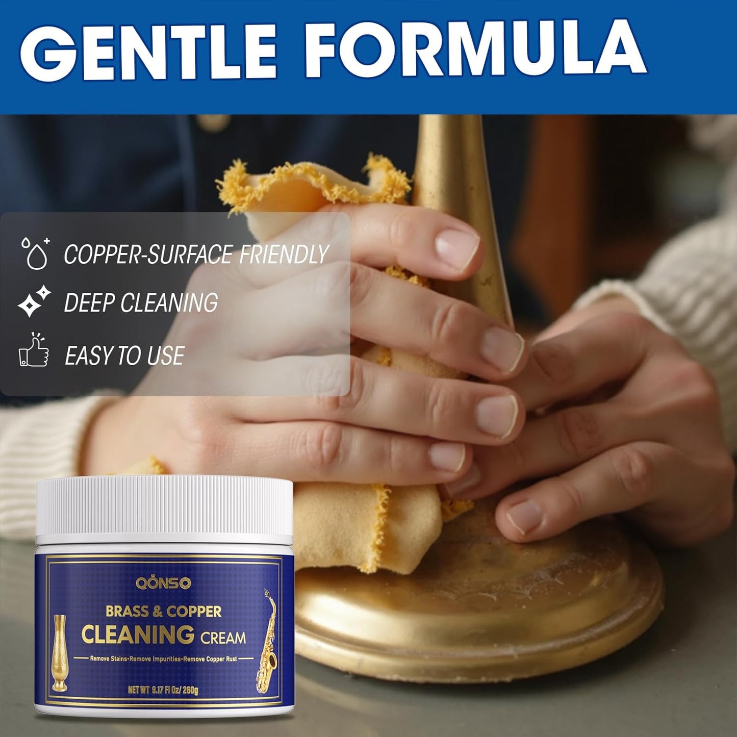 Brass Polish Copper Cream Cleaner Kit - Instant Polishing Cream And Protective Tarnish Removal, Metal Cleaner And Brightener For Antiques, Music Instruments, Copper Kettle And Sinks