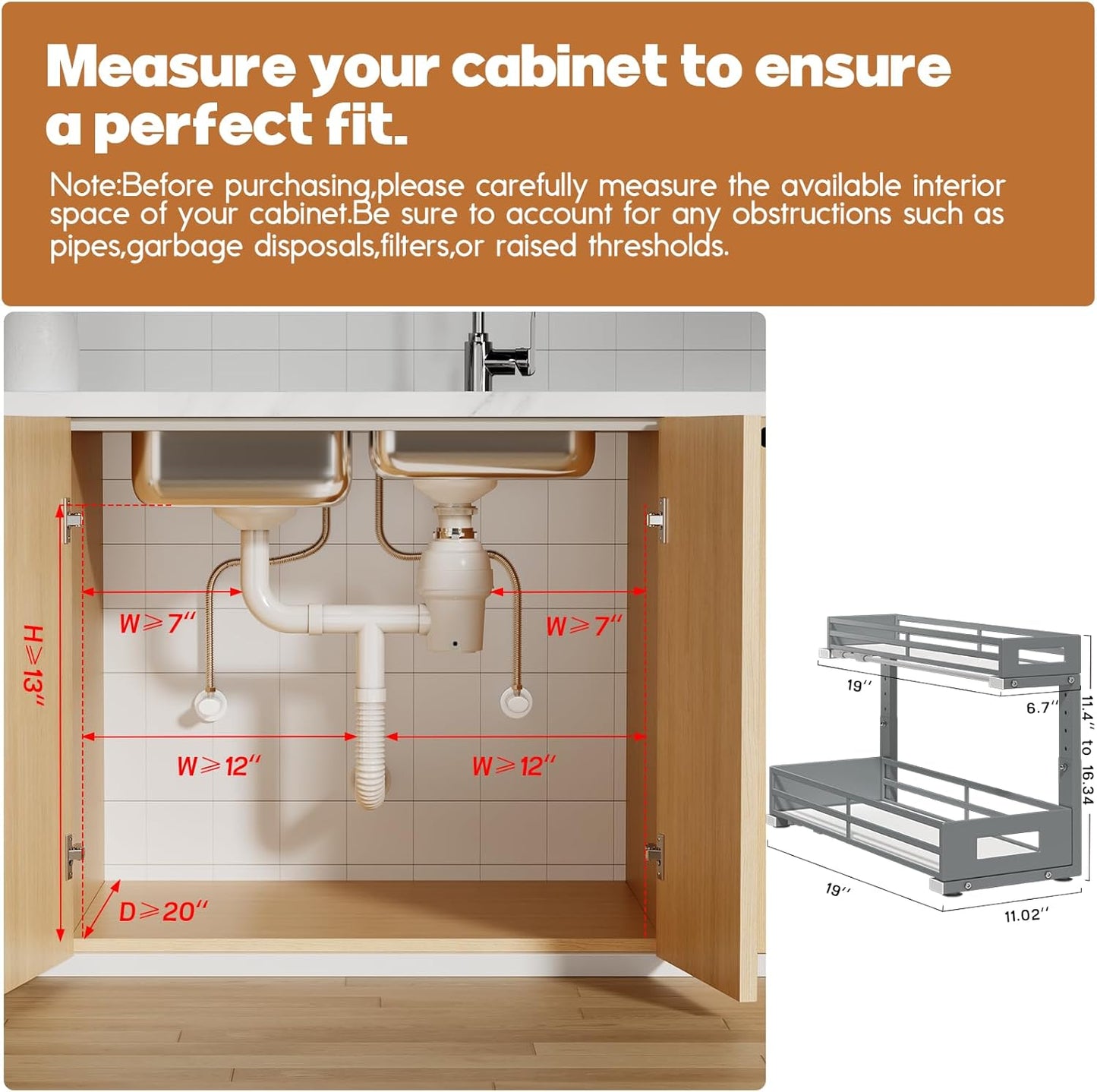 2-Pack 19"Deep Under Sink Organizer And Storage, 2-Tier L-Shaped Pull Out Cabinet Organizer with Upgraded Slide Rails, Height Adjustable Drawers for Kitchen&Bathroom, Extra-Large Storage Shelves–Gray