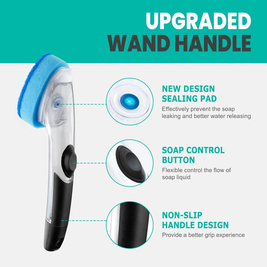 Heavy Duty Dishwand with Refills, Dish Wand Replacement Sponge Heads with Handle, Soap Control Dispenser Leak-Free Scrub, Non-Scratch Advanced Scrubber Brush Pads for Cleaning Dishes Sink Washing Tool