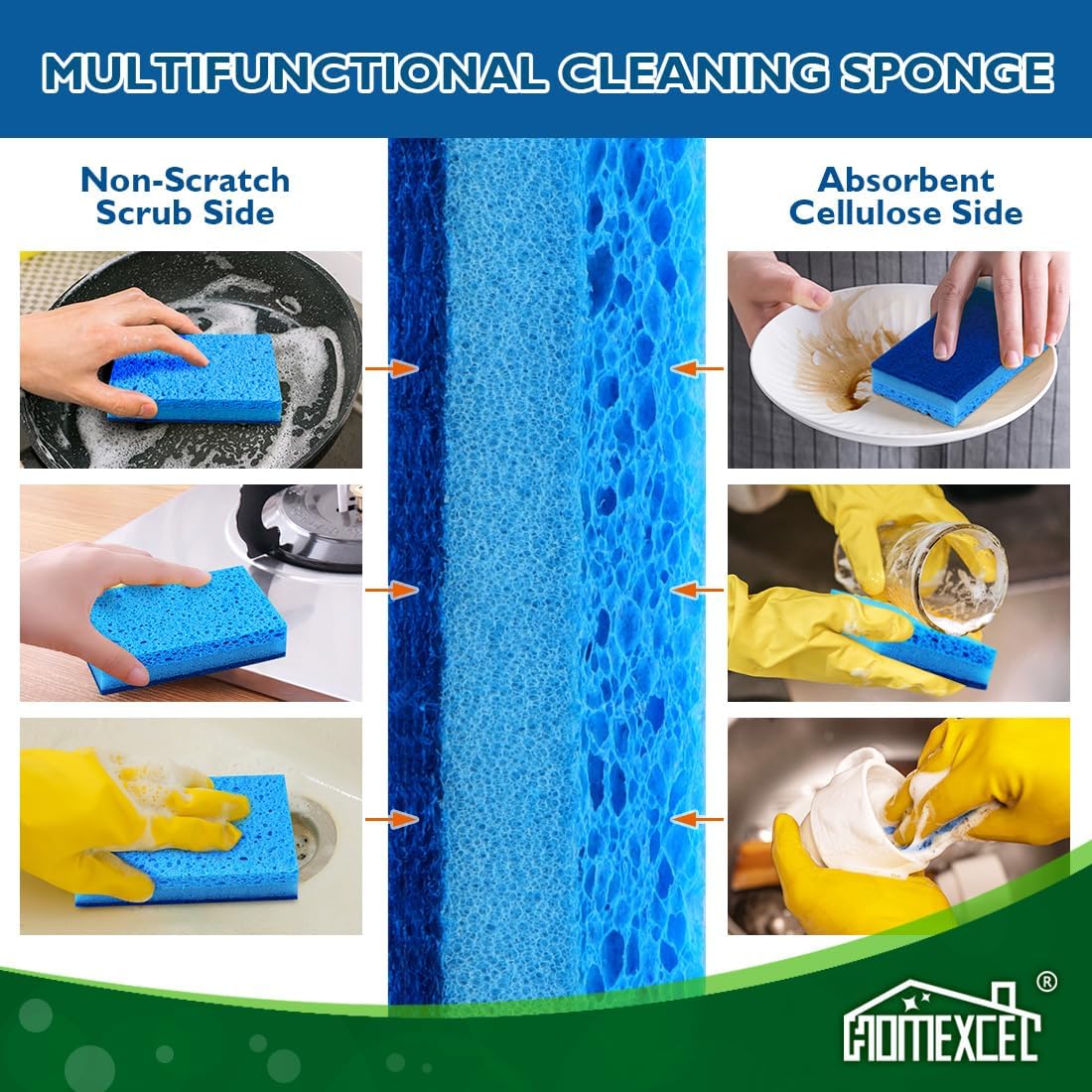 HOMEXCEL Sponges Kitchen 24pcs, Non-Scratch Sponges for Dishes, Scrub Cleaning Sponge Safe on Non-Stick Cookware, Dual Sided Dish Sponge for Kitchen, Household, Bathroom and More