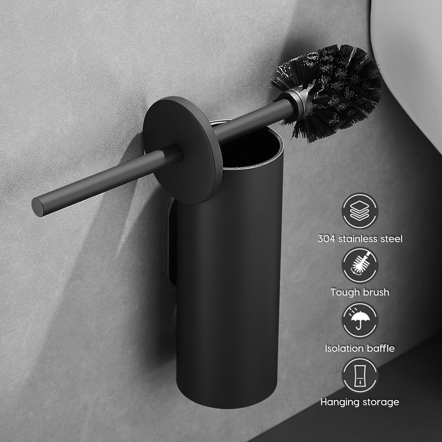 Toilet Bowl Brush and Holder, 304 Stainless Steel No-Punch Hook Base Dual Purpose Toilet Brush Holder with Removable Inner Bucket and Splash Cover - Soft Bristles (Black)