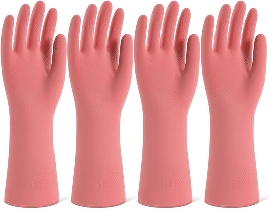 Rubber Cleaning Gloves for Dishwashing, 4 Pairs Reusable Kitchen Gloves for Washing Dishes and Household Cleaning, Pink Dish Gloves with Flocked Lining and Non-Slip Grip, Pefect for Woman Men - M
