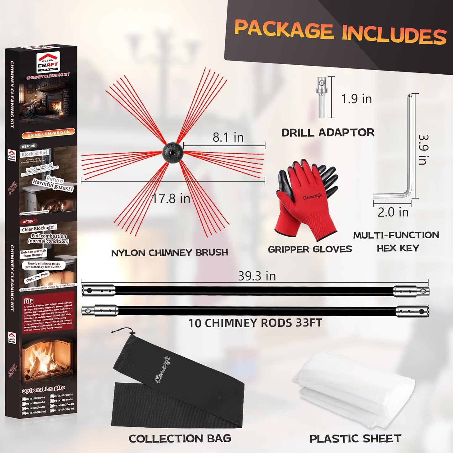 33 Feet Chimney Sweep Kit, Chimney Cleaning Kit with 10 Flexible Black Chimney Rods, Chimney Brush for Sweeping Fireplace, Rotary Chimney Cleaning System Driven by Drill