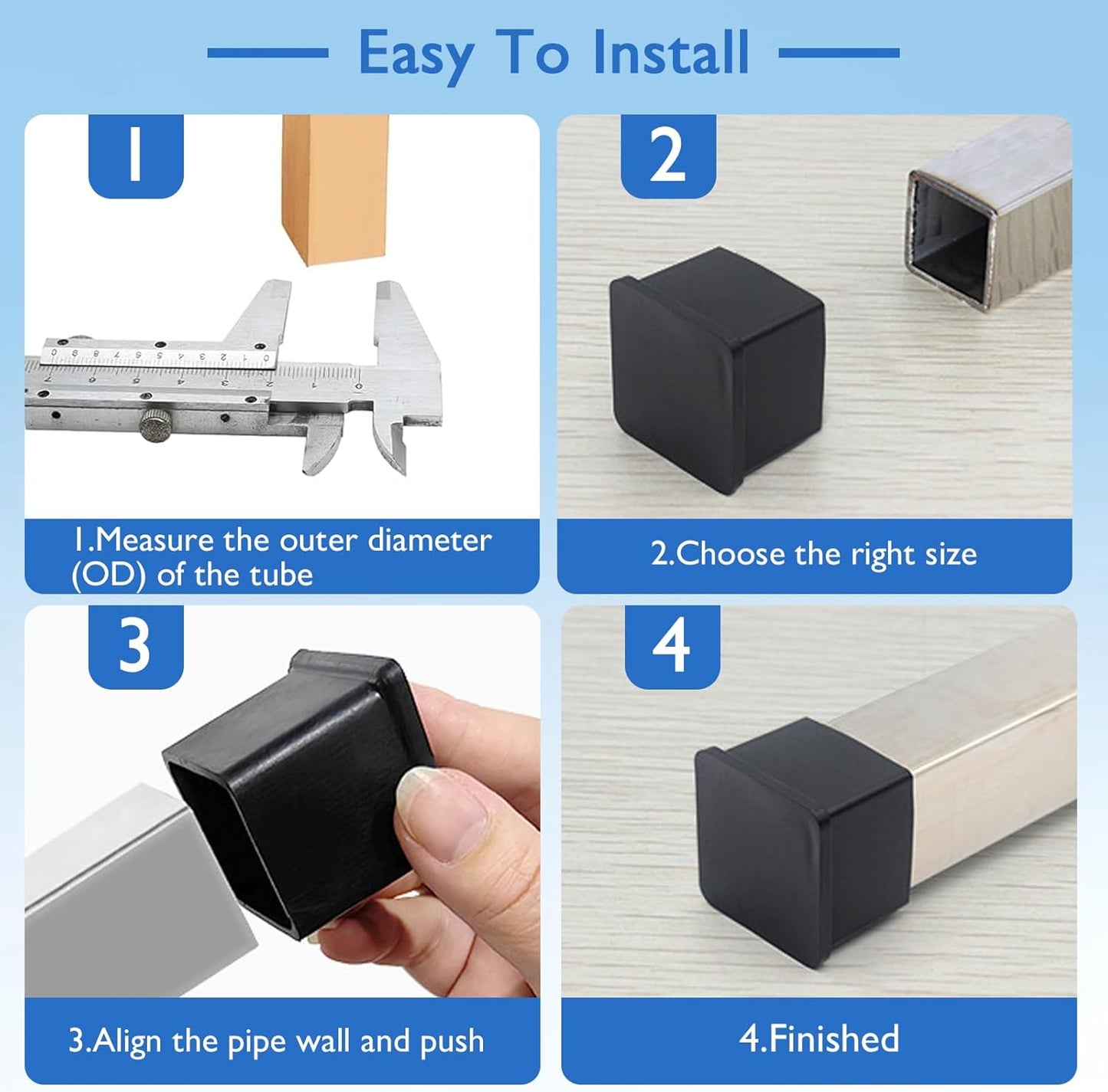 16 Pcs 3/4" x 3/4" Square Rubber Chair Leg Caps, PVC Table Leg Covers, Flexible & Anti-Slip Furniture Leg End Caps, Chair Leg Floor Protectors for Bar Stool Leg Patio Indoor, Black