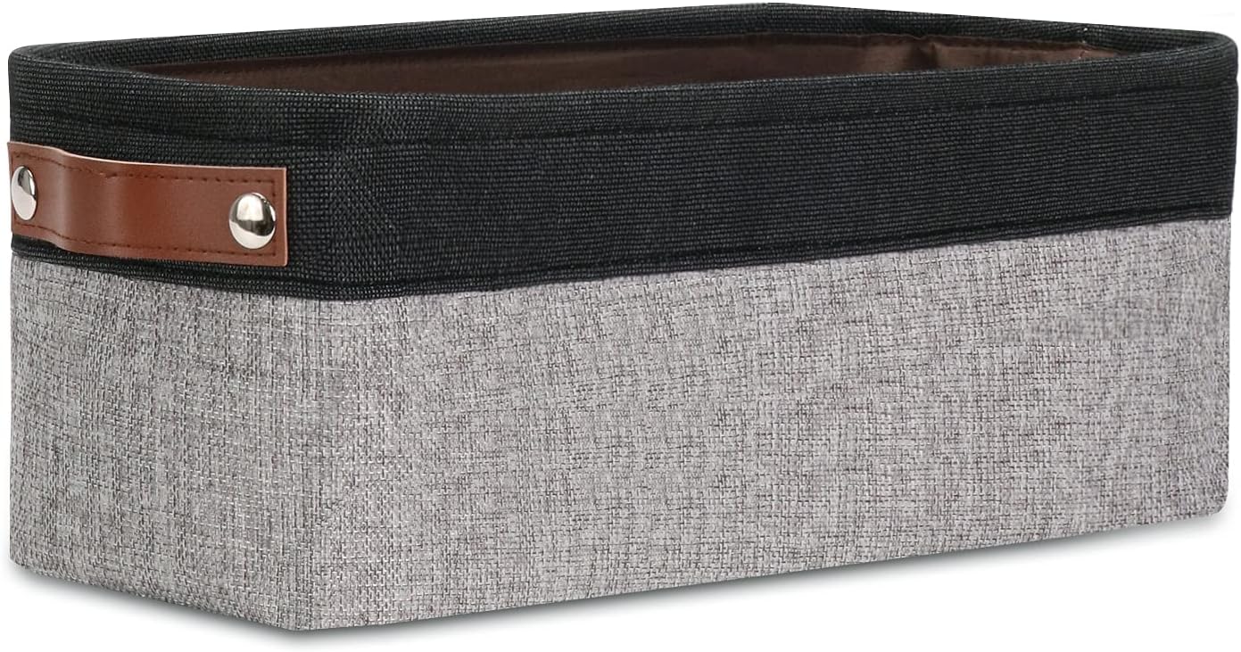 DULLEMELO Fabric Bathroom Storage Bin with Leather Handles, Narrow Organizer for Towels, Toilet Paper Rolls, Storage Basket for Back of Toilet, Vanities, Shelves & Cabinets (Black&Gray)