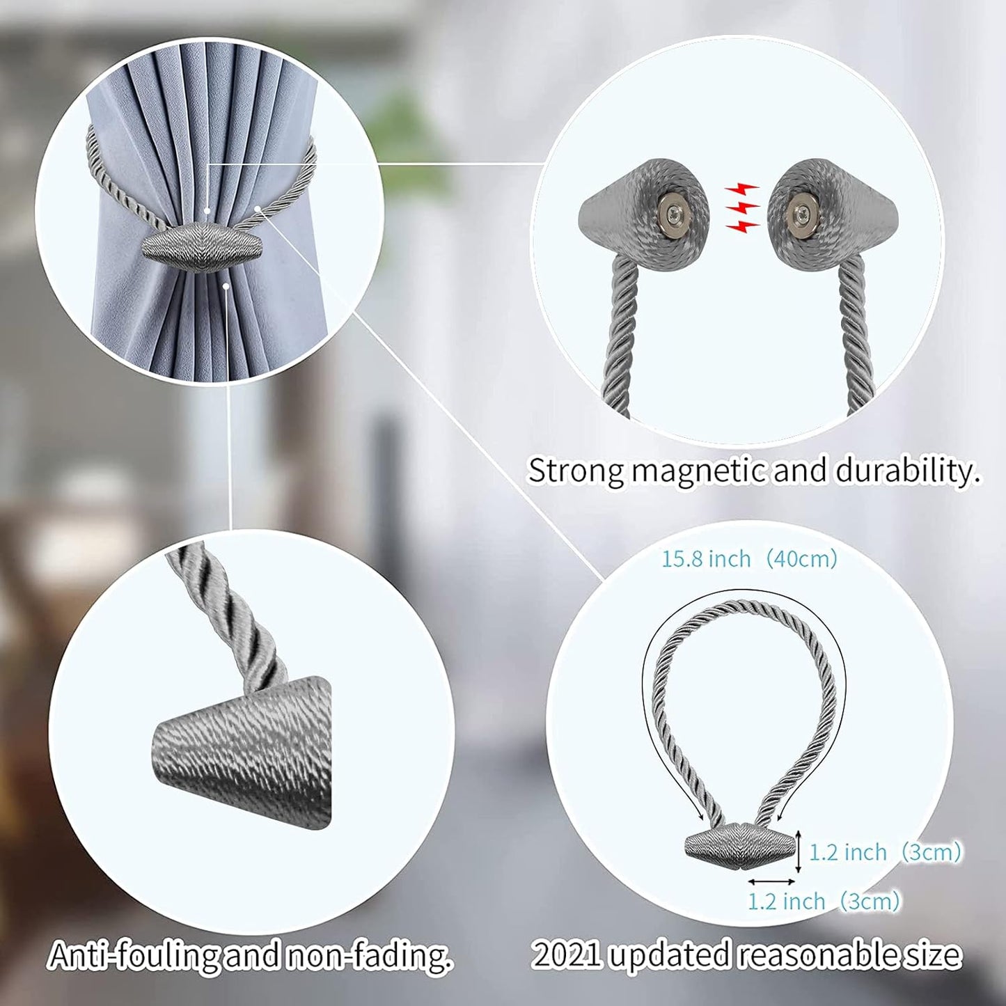 Hion Magnetic Curtain Tiebacks Grey 2pcs, Curtain Tiebacks Buckles Holdbacks Holders Hooks Clip for Home Bedroom Office Decorative Curtain