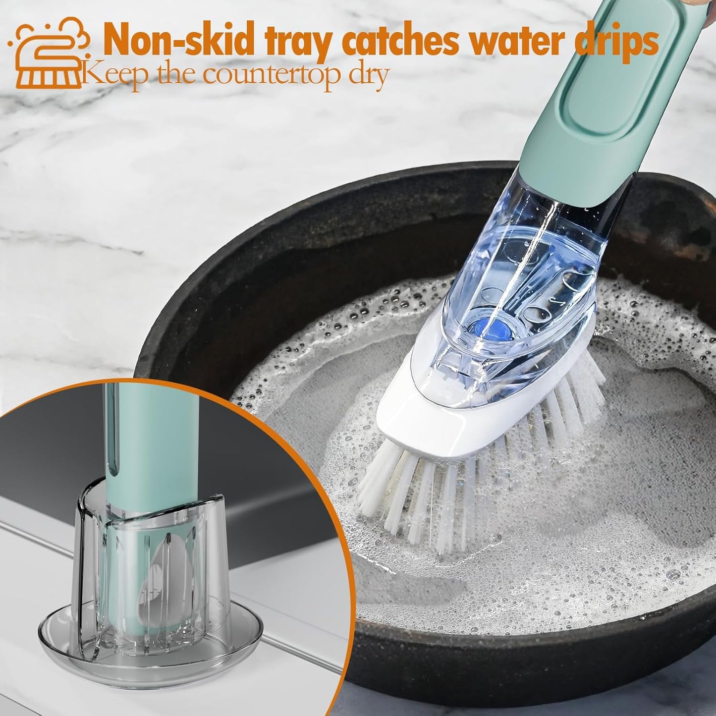 Soap Dispensing Replacement Dish Brush Storage Set with 2 PCS Brush Refills & Holder - RIMAY Dispenser Scrub Cleaning Scrubber Kitchen Dishwashing Dish Wand Handle for Dishes/Pans/Pots/Sink(Blue)