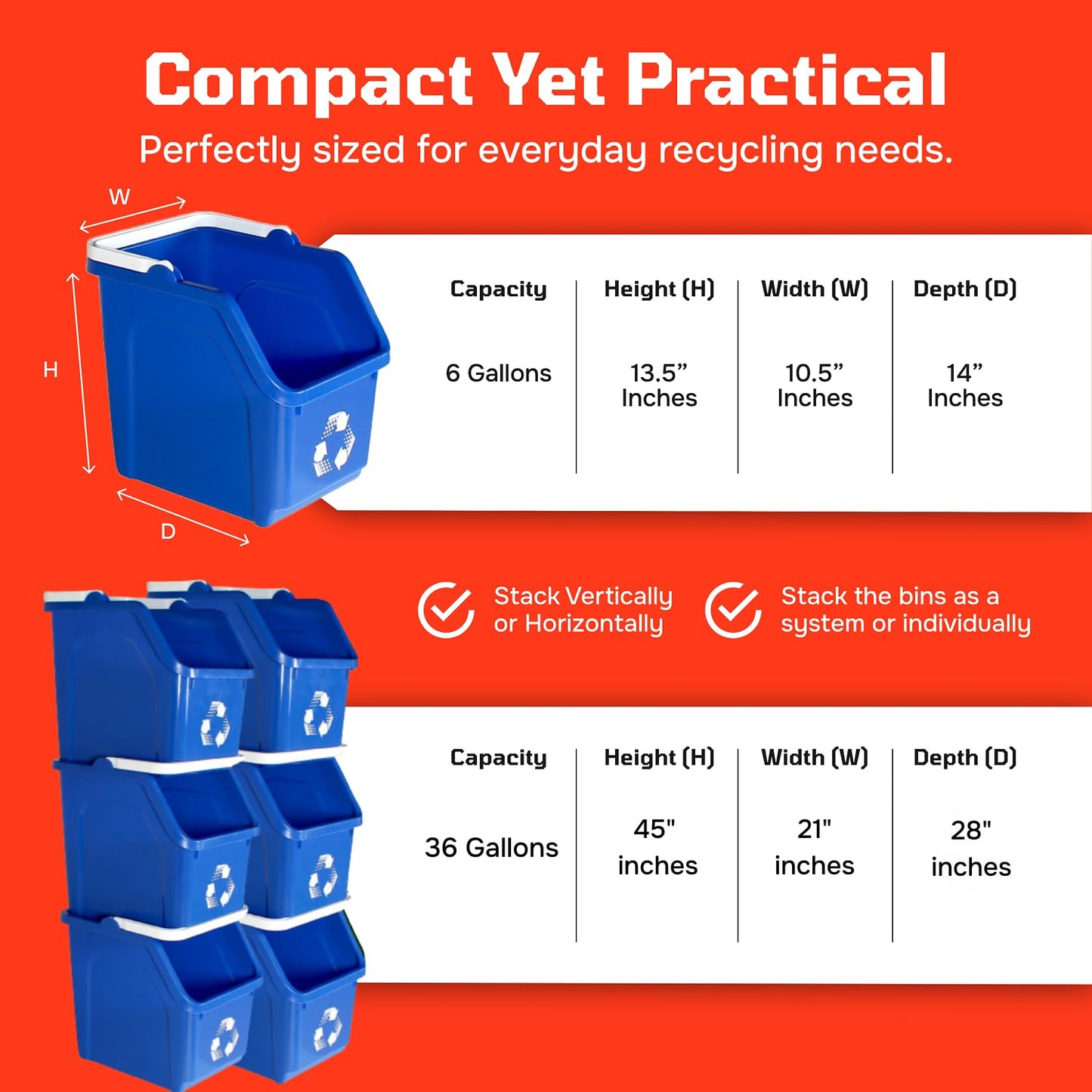 6 Gallon Stackable Recycling Bins for Homes, Garages, Offices Made of 100% Recycled Plastic - (Blue, 6 Pack)