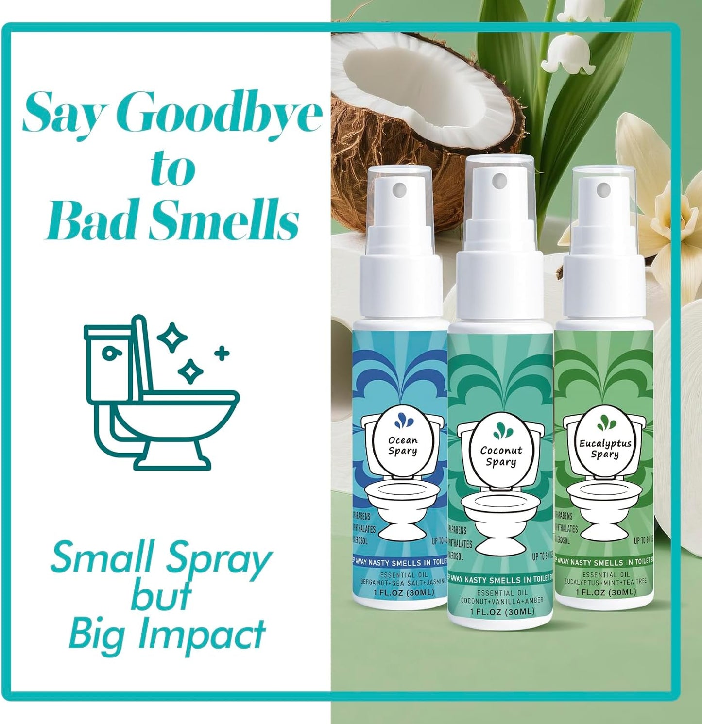 Toilet Spray for Poop 3 Pack, Travel Size Variety, Bathroom Odor Eliminator - Ocean Eucalyptus Coconut