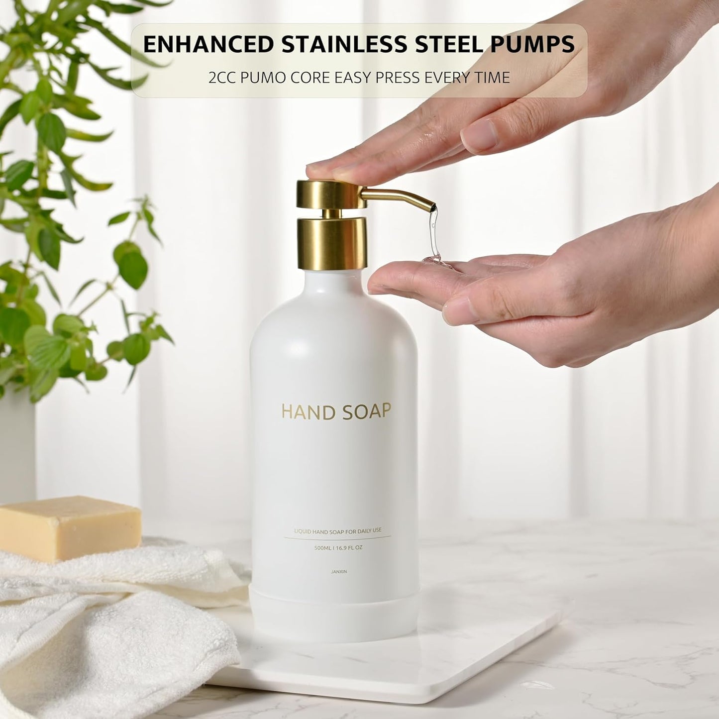 Glass Soap Dispenser Set by Janxin,Bathroom Soap Dispenser Set with Ceramic Tray,Luxury Bathroom Accessories,Modern Kitchen Decor (White+Gold(Hand Soap))