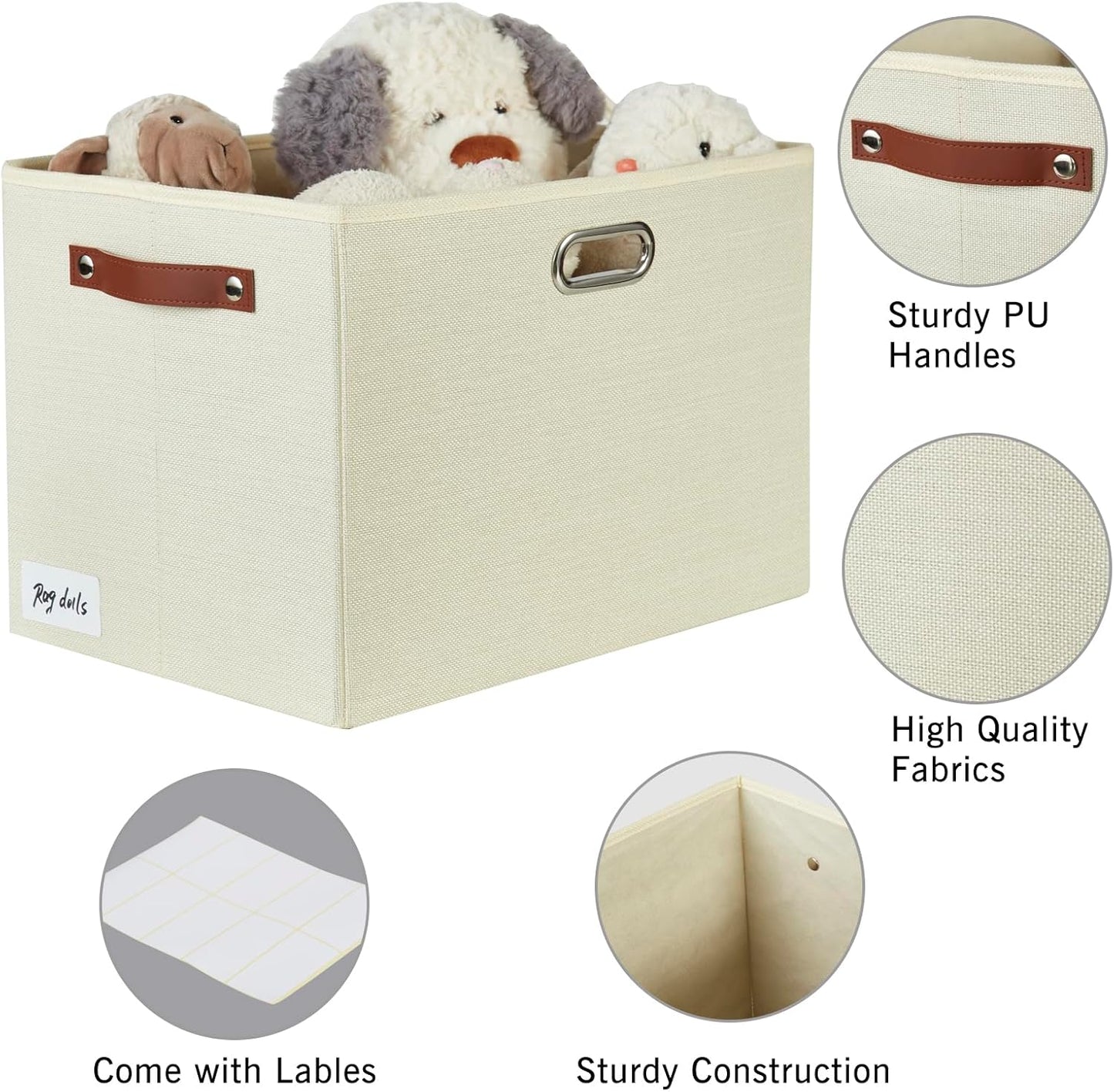 3-Pack Foldable Fabric Storage Bins with Durable PU & Metal Handles, Collapsible Storage Baskets for Shelves, Home Storage, Closet Organizers, Living Room(17"x11.8"x11.8", Beige)