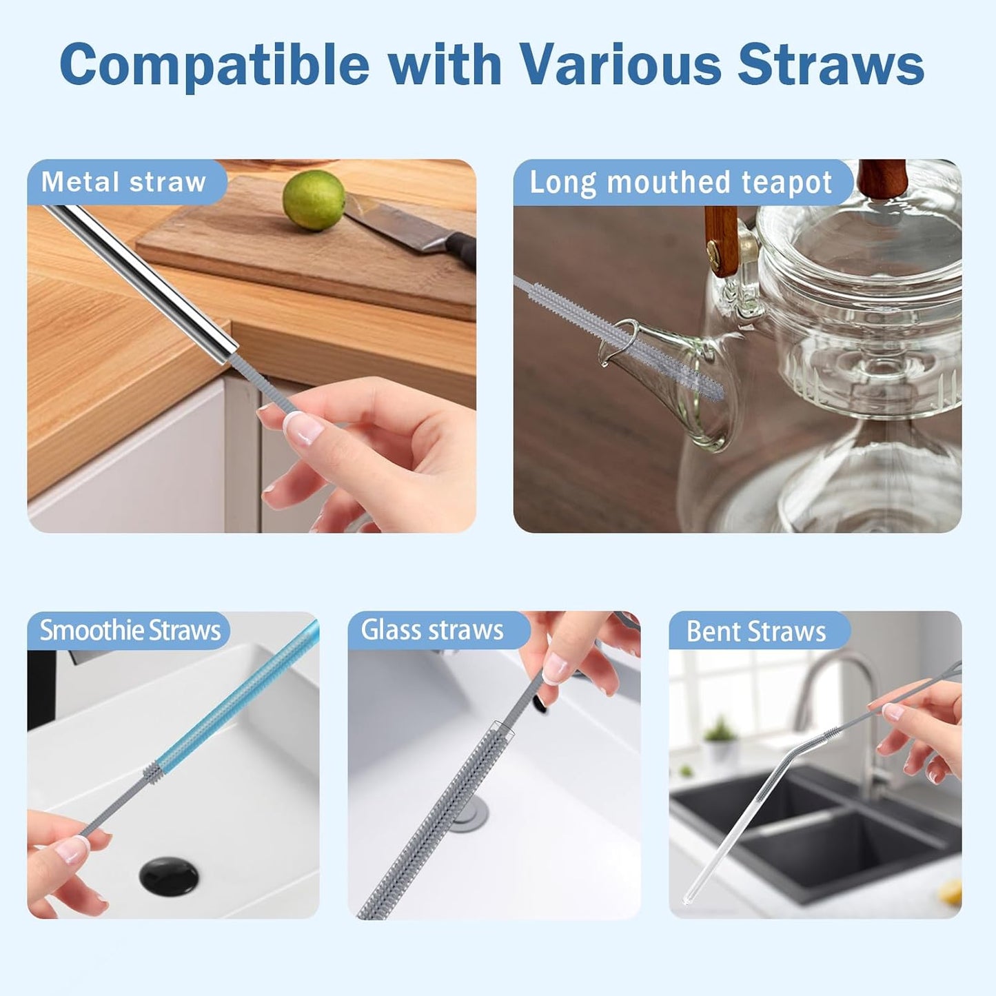 2Pcs Silicone Straw Cleaner Brush, 9.84in Reusable Straw Cleaner with Bendable Steel Core, Extra Long Soft Bottle Brush for Clearing Glass Straws, Smoothie Straws, 9mm&6mm (Gray)