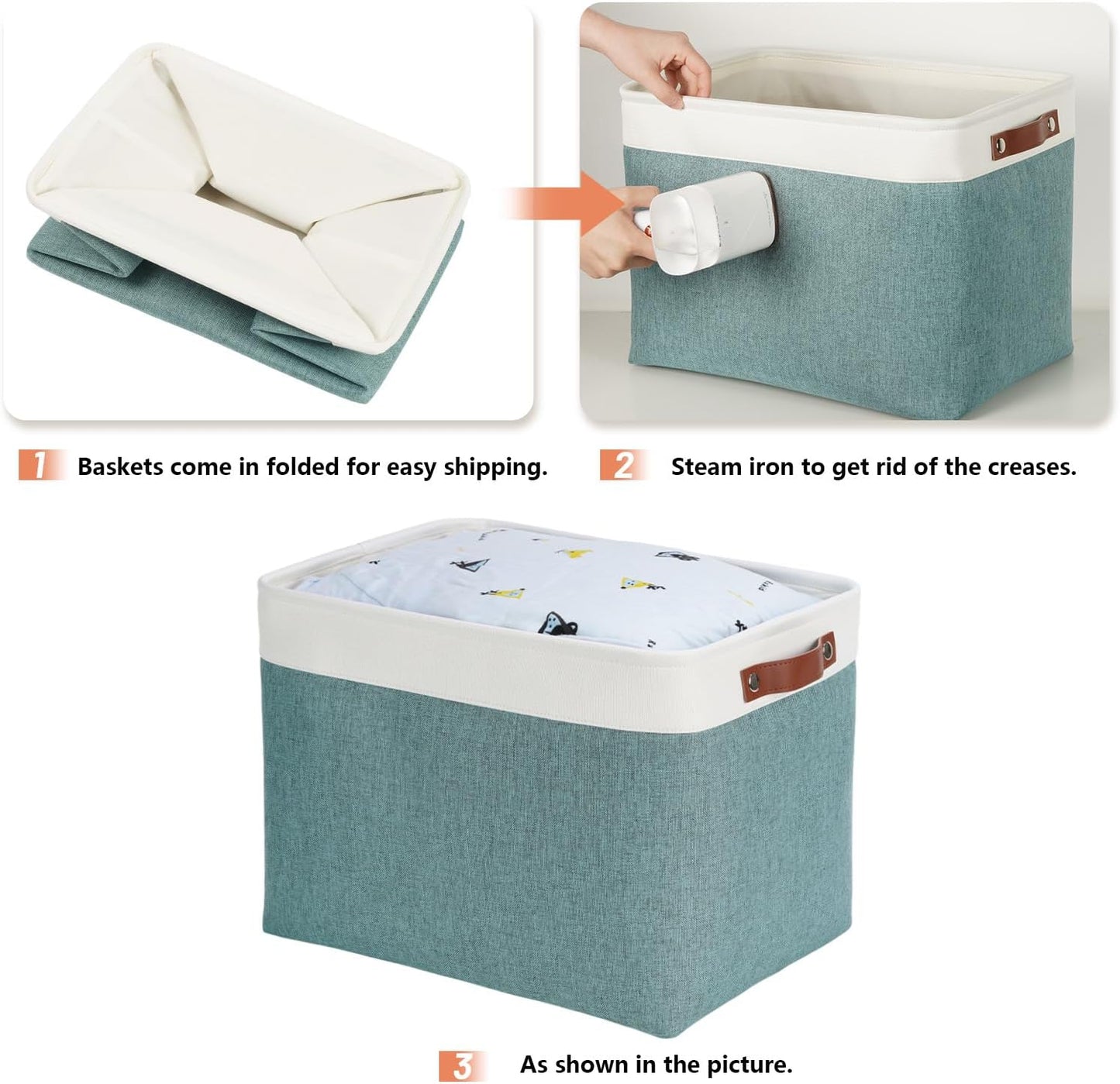 DULLEMELO Large Storage Baskets, Storage Basket with Handles for Shelves, Linen Closet Organizers for Home Office, Decorative Storage Baskets for Toys Storage (3 Pack, White&Deep Green)