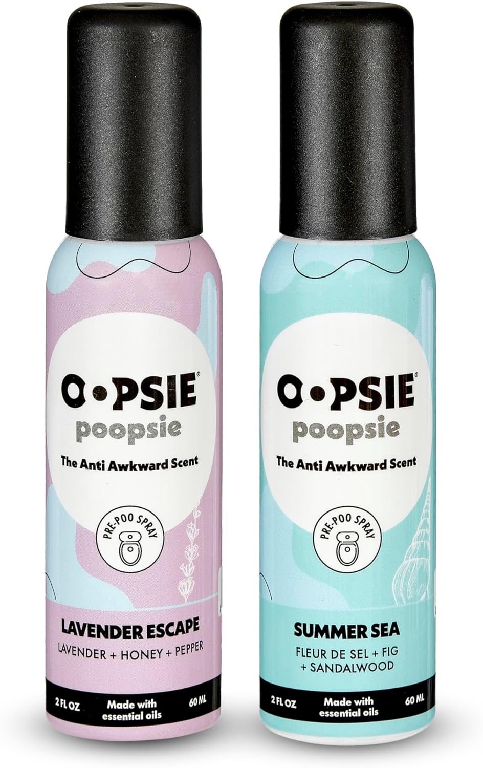 Oopsie Poopsie Pre GO toilet spray, discreet & portable original Pre-poo spray to use on the go. Assorted scents Lavender Scape/Summer Sea Toilet Odor Eliminator 2oz bottle Gift Set 2 pack