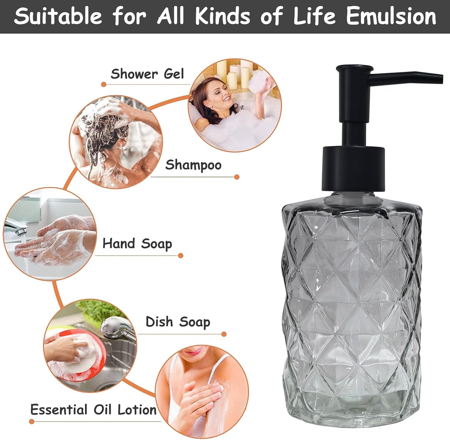 Crystal Glass Soap Dispenser, 12oz Gradient Grey Bathroom Hand Dispenser, Lotion Dispenser with Black Plastic Pump for Modern Home Decor, Kitchen Countertop, Hotel