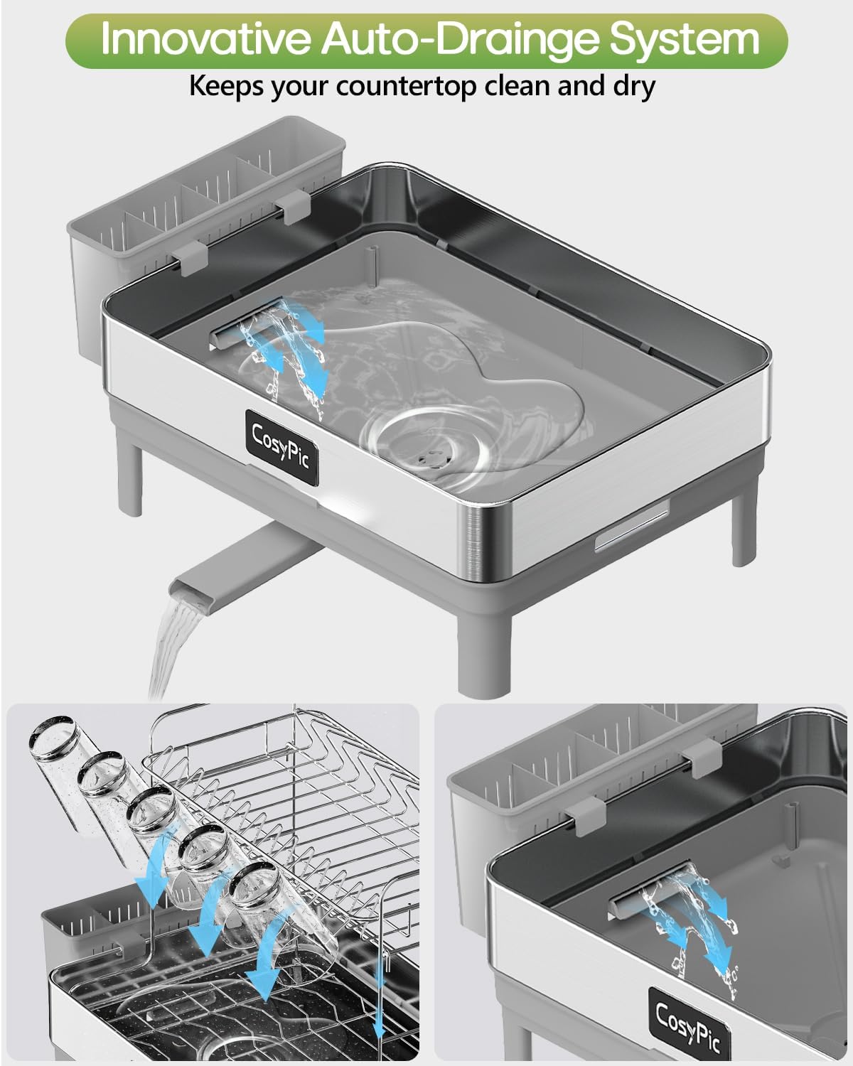 2 Tier Dish Drying Rack, Thicker Premium 304 Stainless Steel Dish Racks for Kitchen Counter, Automatic Drainage Spout, Dish Drainer & Drainboard Set with Utensil Holder and Cup Holder, Grey