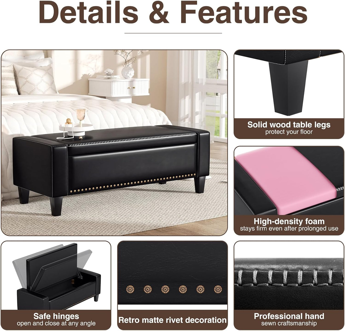 48.8" Storage Ottoman Bench Black | Faux Leather Bedroom Bench with Lift Top for Living Room & Bed End