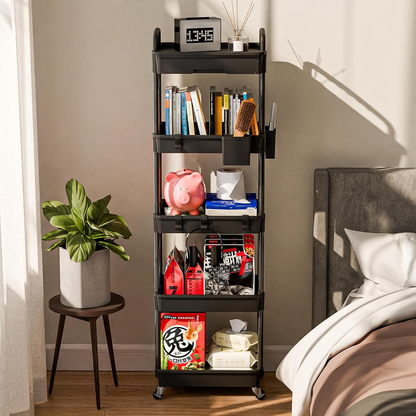 5 Tier Rolling Cart Organizer,Bathroom Cart Organizers with Wheels Laundry Room Organization Mobile Shelving Unit Utility Cart Storage Shelves Multi-Functional for Office, Home(Black)