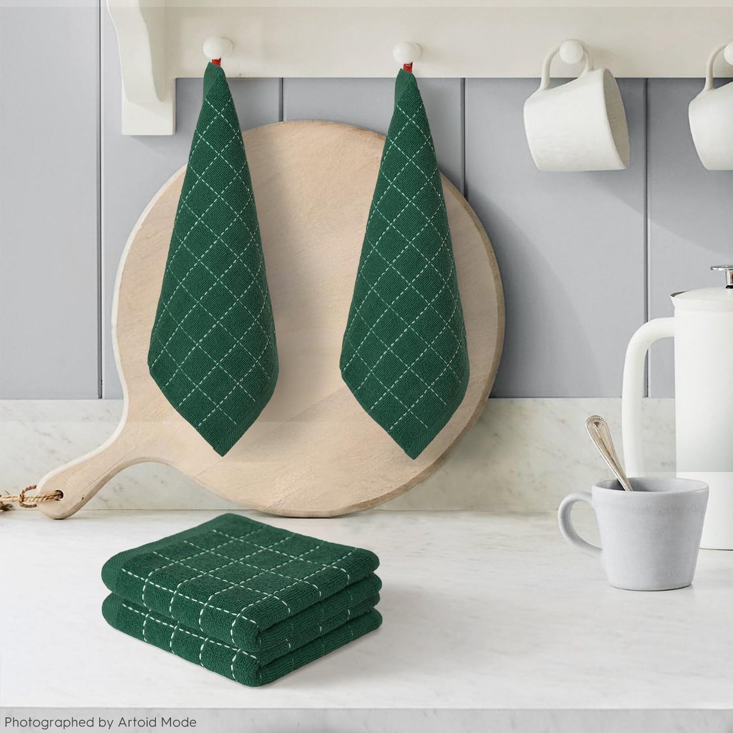 Artoid Mode Checkered Designed Cotton Green Terry Kitchen Dish Cloths, 12x12 Inch Soft Absorbent Quick Drying Cleaning Kitchen Rags Set of 6