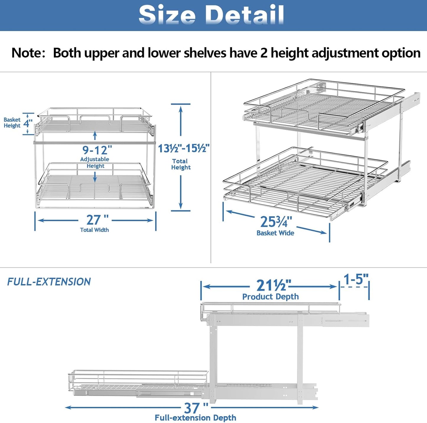 2 Tier Individual Pull Out Cabinet Organizer 27" W x 21½" D, Heavy Duty Cabinet Pull Out Shelves, Slide Out Drawers Organization for Kitchen Cabinets Bathroom