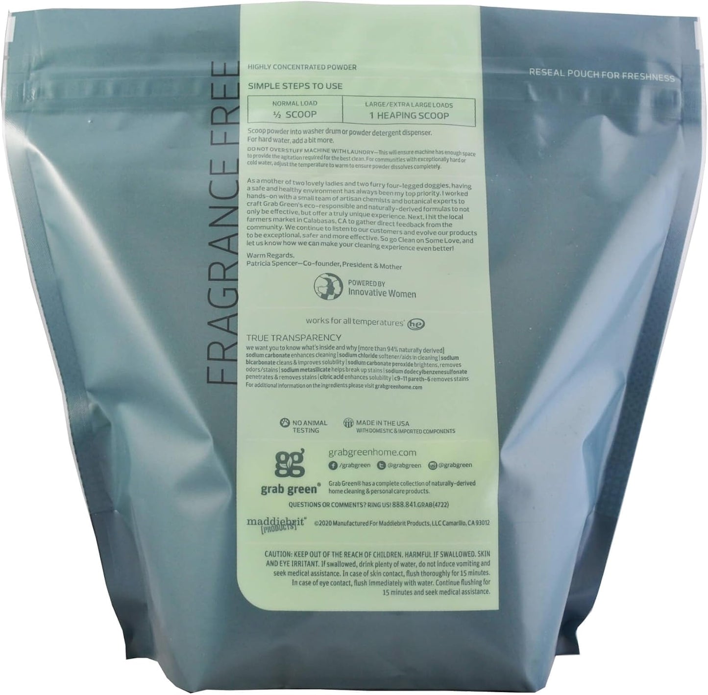 Grab Green Natural 3-in-1 Laundry Detergent Powder, Fragrance Free, 100 Loads