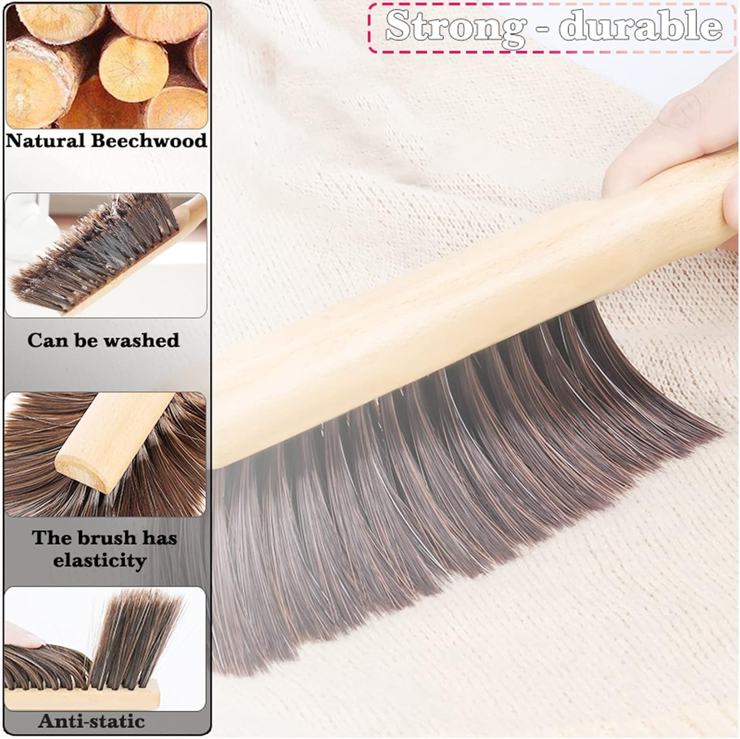 Hand Broom Beech Wood Brush,Dust Brush,Duster for Counter,12inch Foxtail Bench Brush, Round Handle Handheld Brushes,5 Rows Soft Bristles for Bed,Shop Table,Woodworking Cleaning,Car,Sofa,Furniture