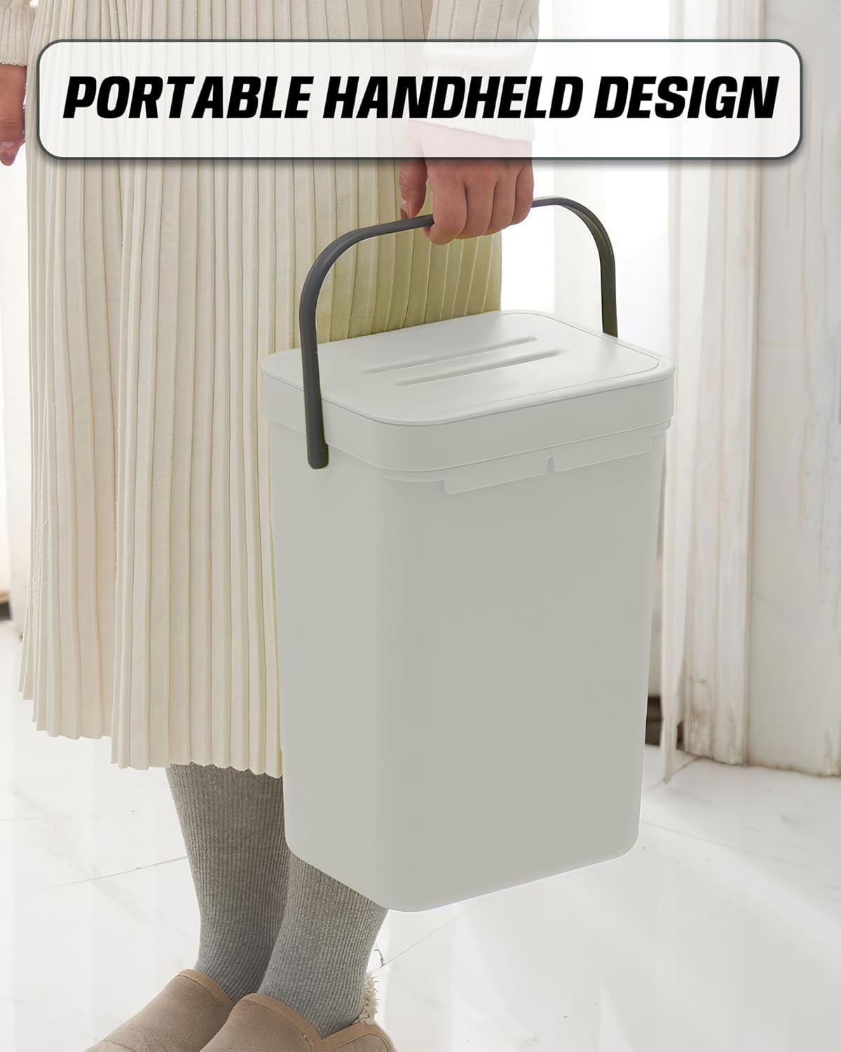 Kitchen Compost Bin - 3.2 Gallons Hanging Trash Can with Lid for Kitchen Bathroom, Under Sink Trash Can, Outdoor Compost Bucket with Lid, 12L(White)