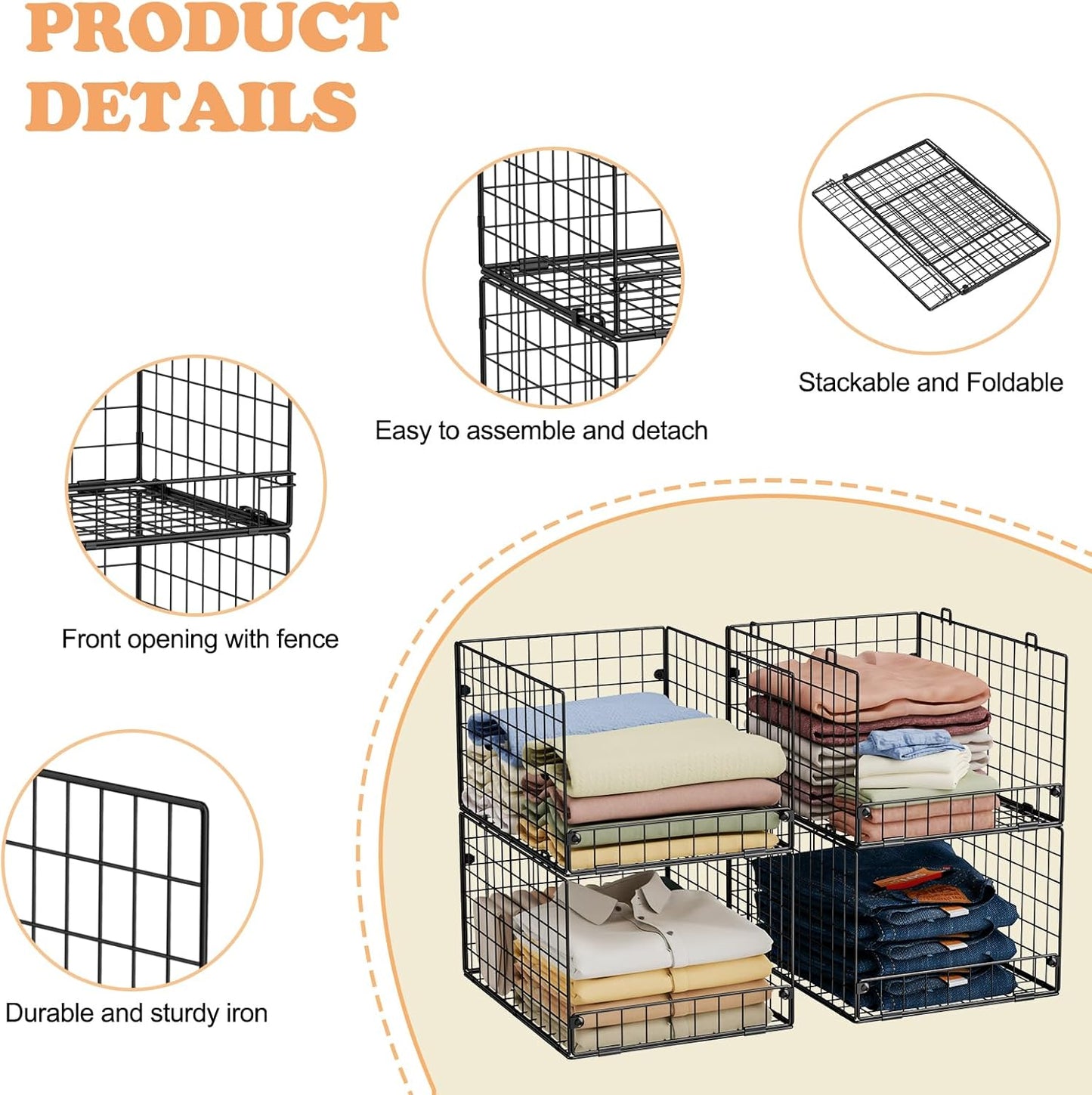 4-Tier Stackable Closet Organizers and Storage Shelves, Foldable Closet Shelf Organizer System, Stackable Storage Bins Drawers for Closet Organizer System, Black(Patent Pending)