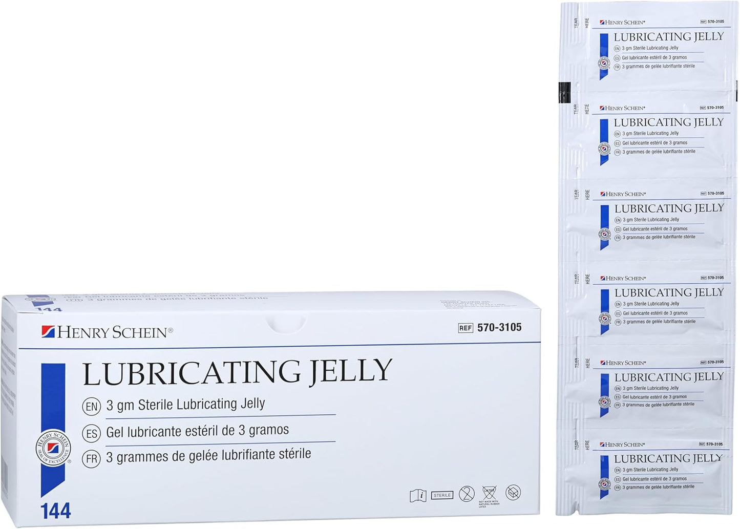 Henry Schein Sterile Lubricating Jelly – 3g Single-Use Packets, Ideal for Medical and Clinical Applications, Convenient Box of 144 Individually Sealed Packets for Hygiene and Precision