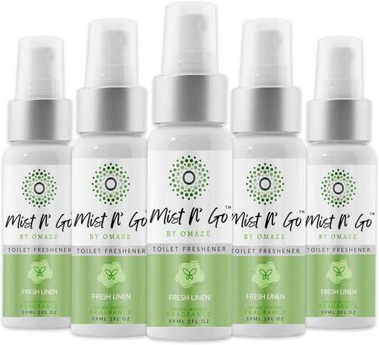 Mist N' Go Travel Toilet Spray - Odor Eliminator & Air Freshener (Fresh Linen) - 2oz x5