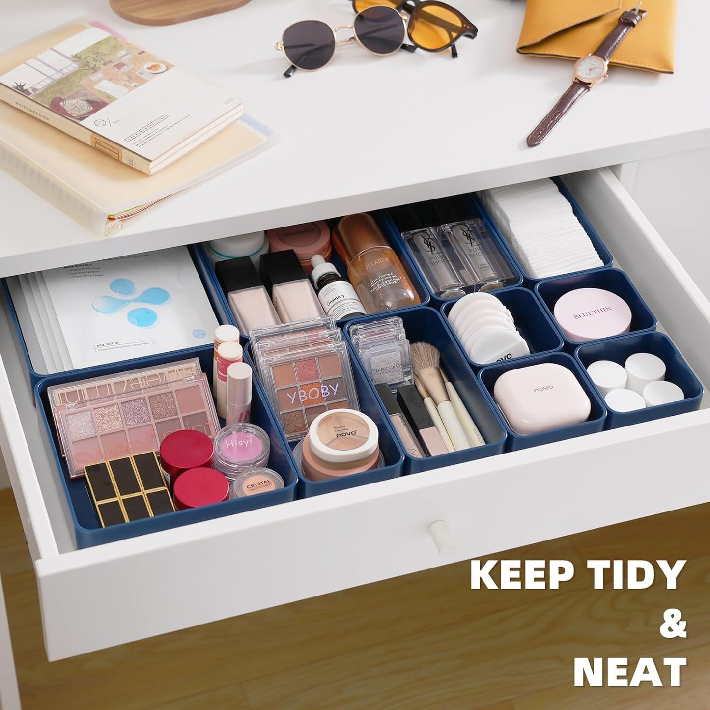 11-Piece Stackable Drawer Organizer Set, Multi-size Desk Drawer Organizer Trays Vanity Storage Bins for Storing Makeup, Stationery, Utensils in Bathroom Dresser, Office and Kitchen
