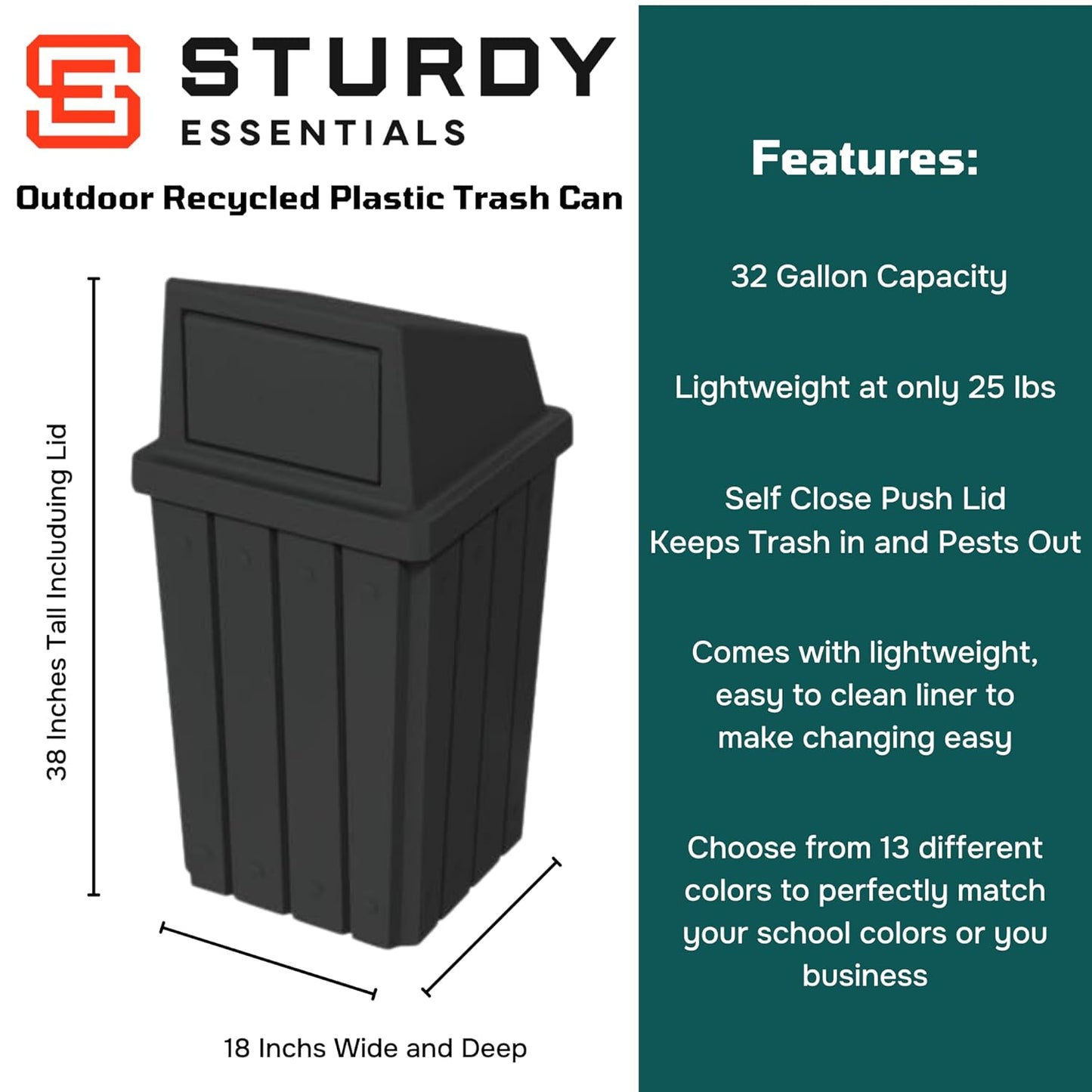 32 Gallon Square Slatted 100% Recycled Plastic Heavy-Duty Commercial Outdoor or Indoor Trash Can with Push Top Lid | Great for Schools and Businesses - Black