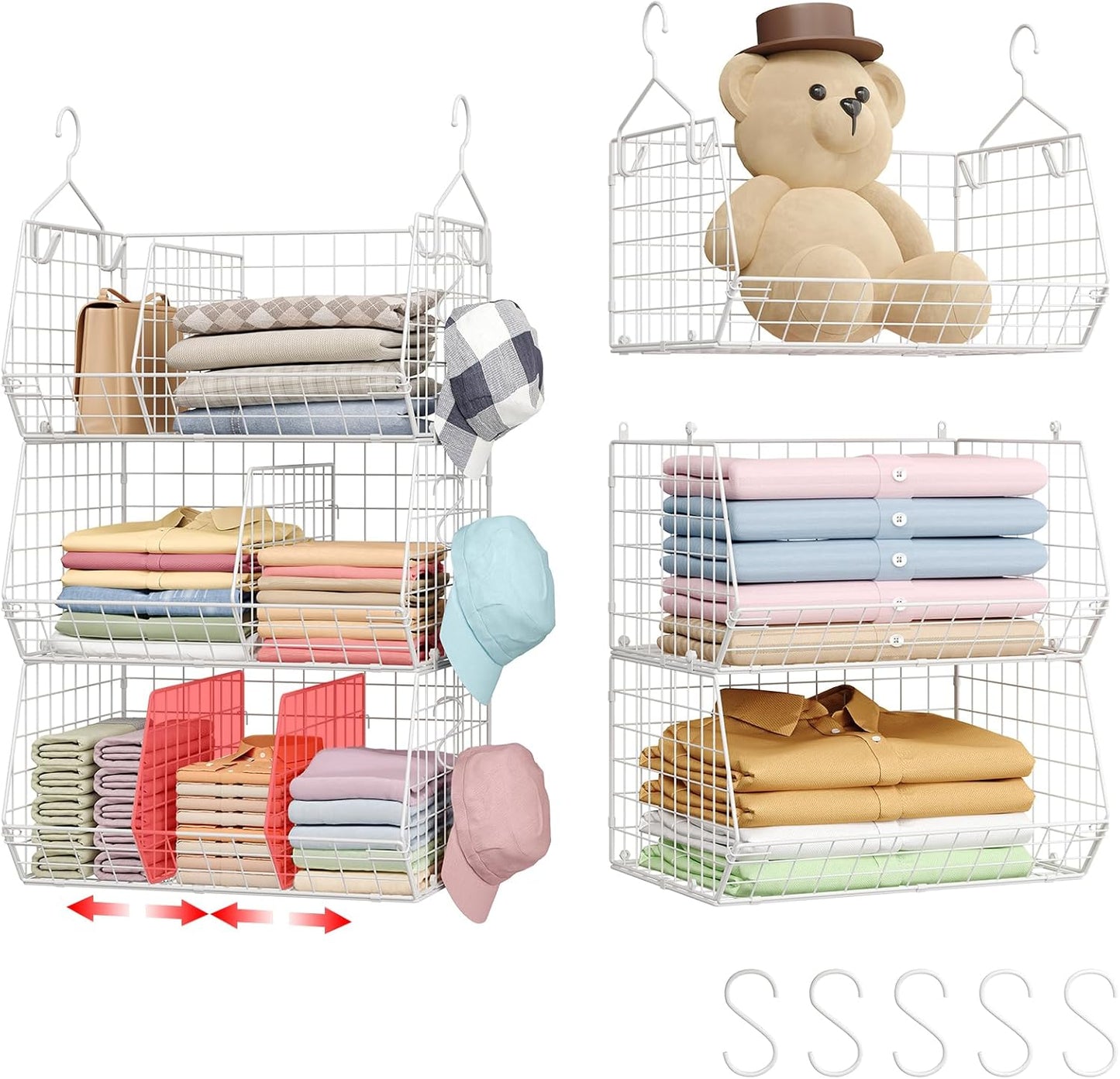 3 Tier Extra Large Closet Hanging Shelves with Divider, 16.5"L x 11.8"W x 33.6"H Closets Organizers and Storage with 5 S Hooks, Clothes Organizer for Sweaters Shoes Handbags Clutches Accessories-White