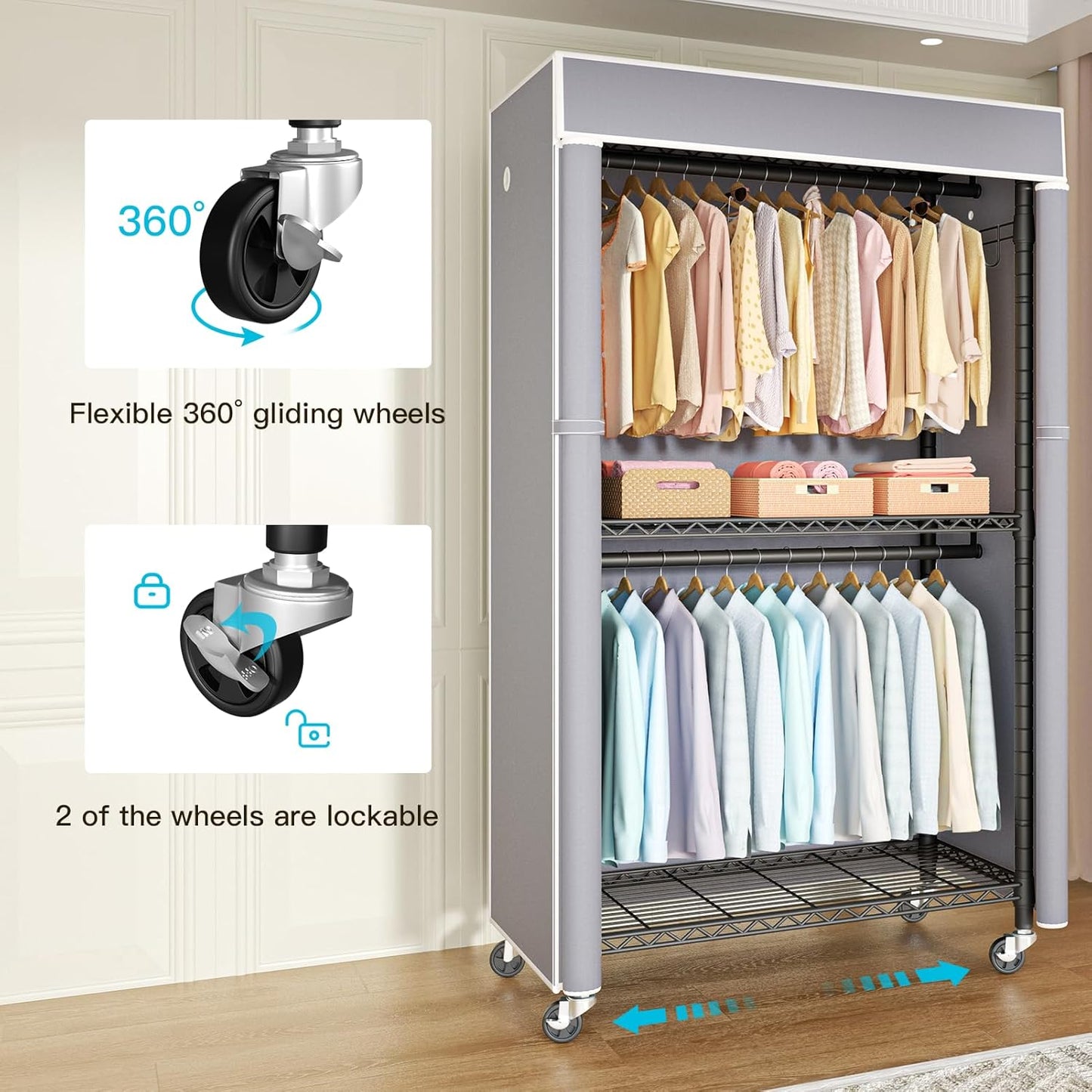 FUTASSI Black Clothing Rack with Grey Cover, P1C Rolling Closets with Wheels, Metal Garment Rack for Hanging Clothes, Clothing Storage Wardrobe, 36.2" W x 16.5" D x 80.5" H, Load 450 Pounds