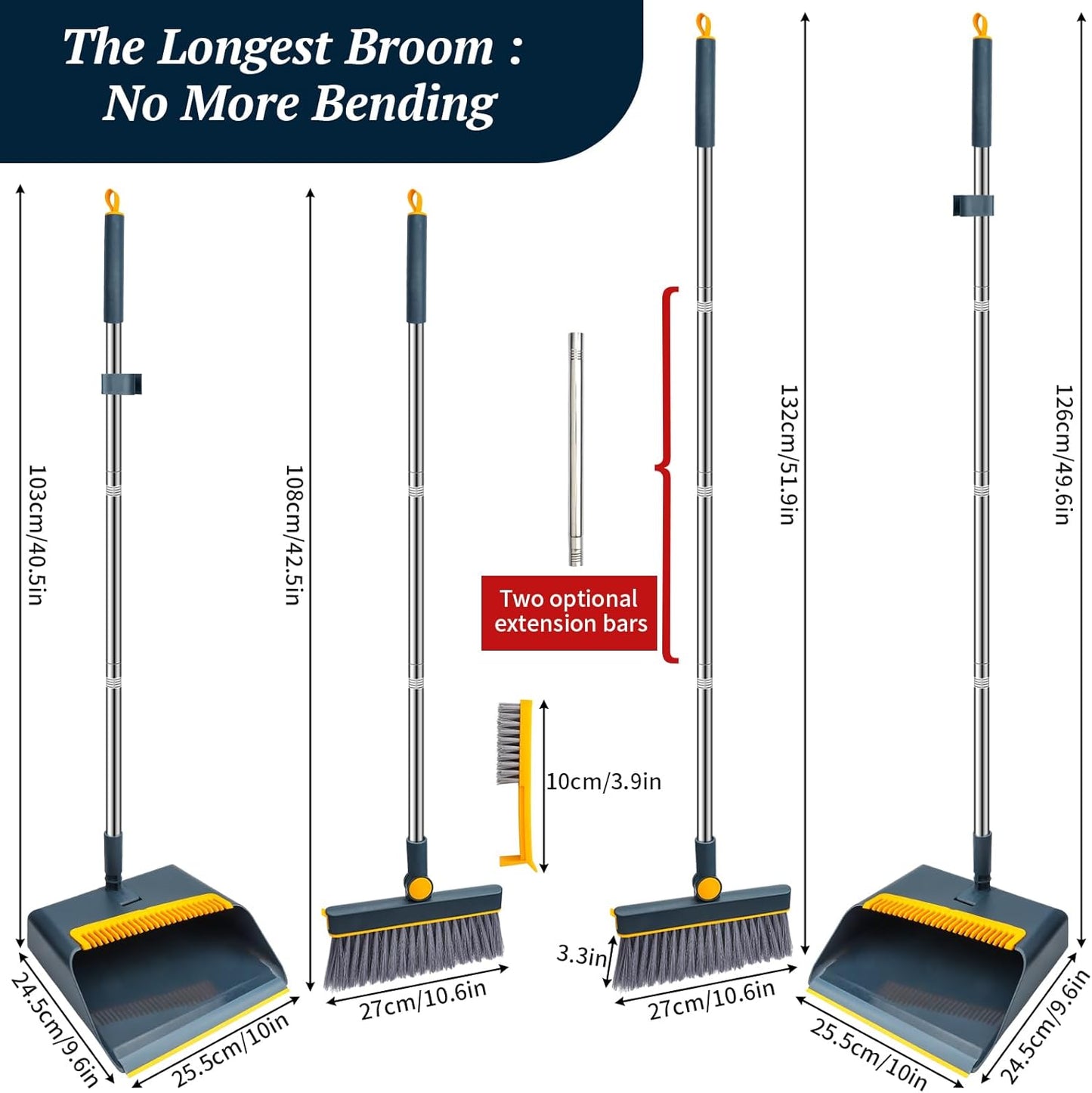 Long-Handled Broom and Dustpan Set, Windproof Broom Combination, 180-degree Rotating Brush Head with Upright Dustpan, Suitable for Indoor and Outdoor Cleaning. (Blue)