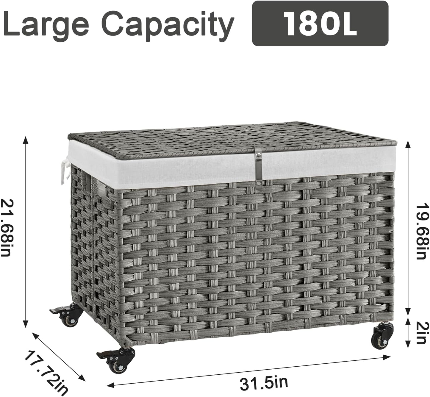 Rolling Storage Basket with Lid, 47.6 Gallon (180L) Storage Bin with Wheels, Woven Rattan Blanket Storage Basket with Handles, Foldable, Metal Frame, Removable Liner for Bedroom, Laundry Room, Grey