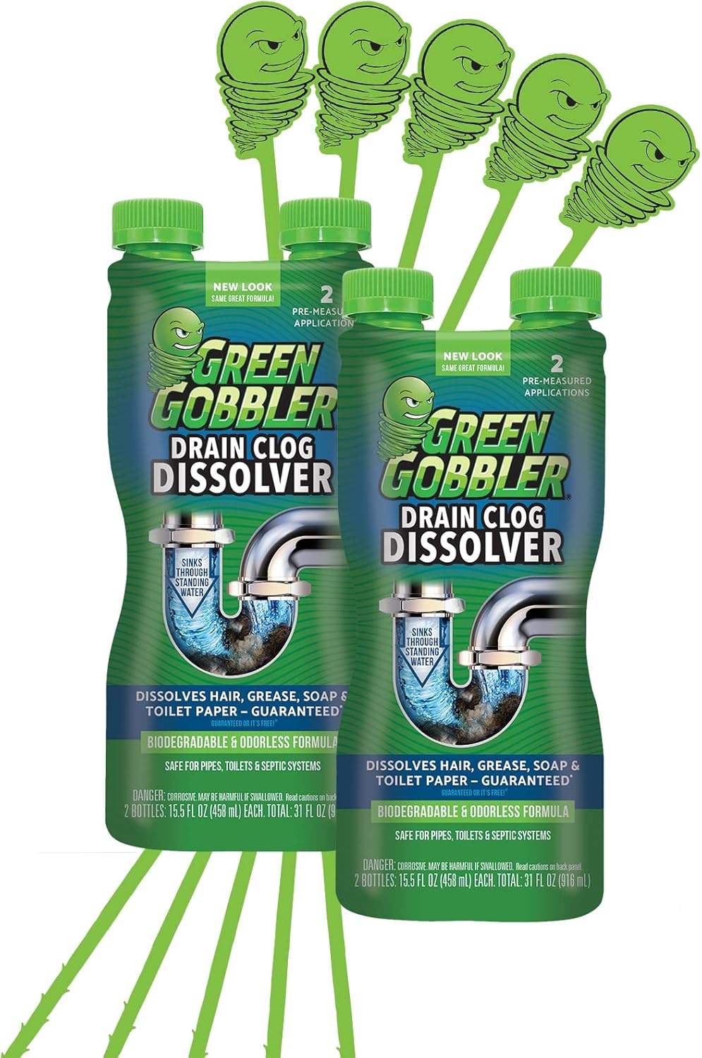 Green Gobbler Liquid Hair Drain Clog Remover, For Toilets, Sinks, Tubs - Septic Safe, 2 Pack + 5 Hair Snake Tools