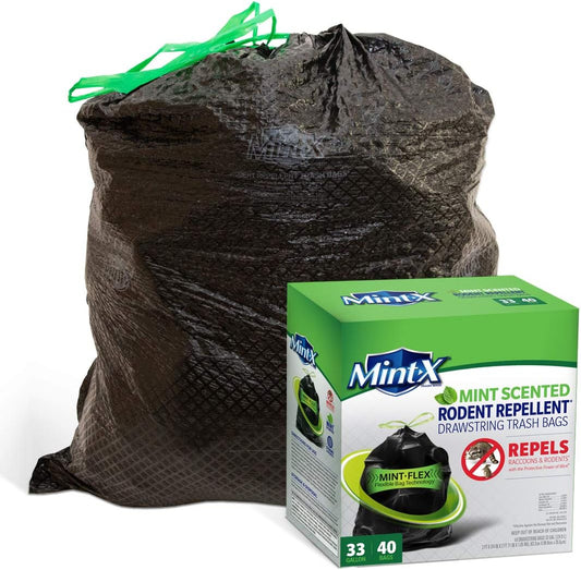 Mint-X Rodent Repellent Outdoor Home and Industrial Trash Bags with Drawstring & Mint-Flex Technology; 33 Gallon, 40 Count, Black