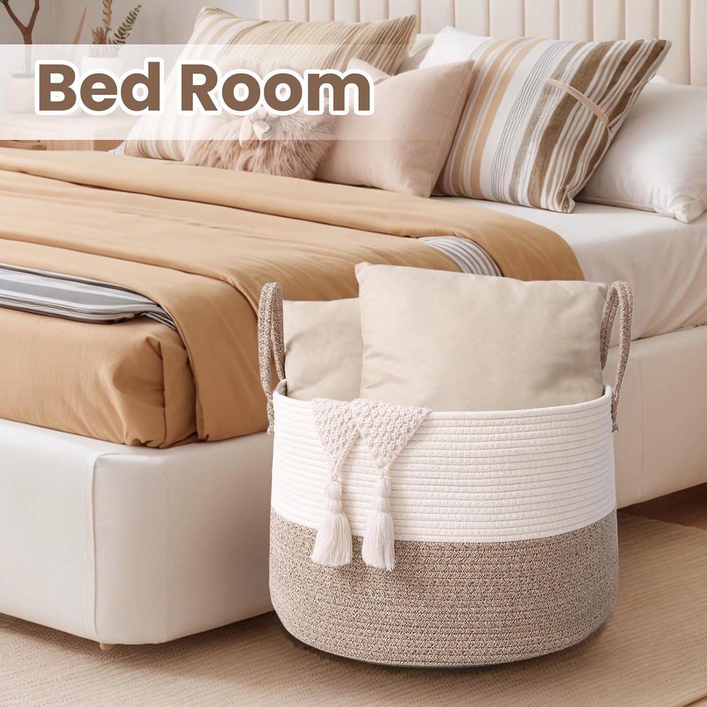 Woven Blanket Basket,115L Large Rope Storage Bin with Handles, Organizer for Blankets Toys Book and Clothes, Laundry Basket for Living Room Bedroom Nursery,White&Brown