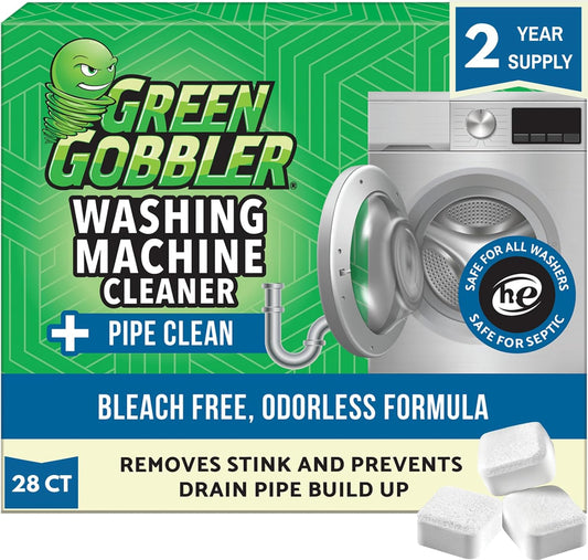 Green Gobbler Washing Machine Cleaner Tablets with Pipe Clean Technology Deodorizer | Front & Top Load Washer | 28 Count