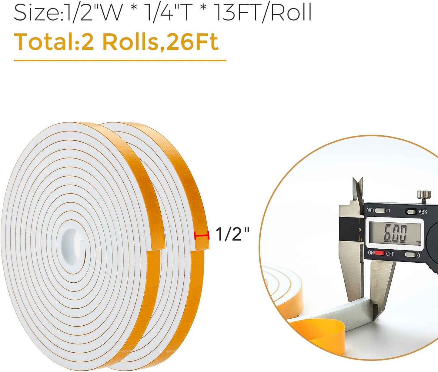 26 Feet Weather Stripping Door Seal, 1/2" Wide X 1/4" Thick Door Seal Strip High Density Foam Tape Adhesive Strip for Door Soundproofing,Window Insulation (1/2" x 1/4" x 26FT,White)