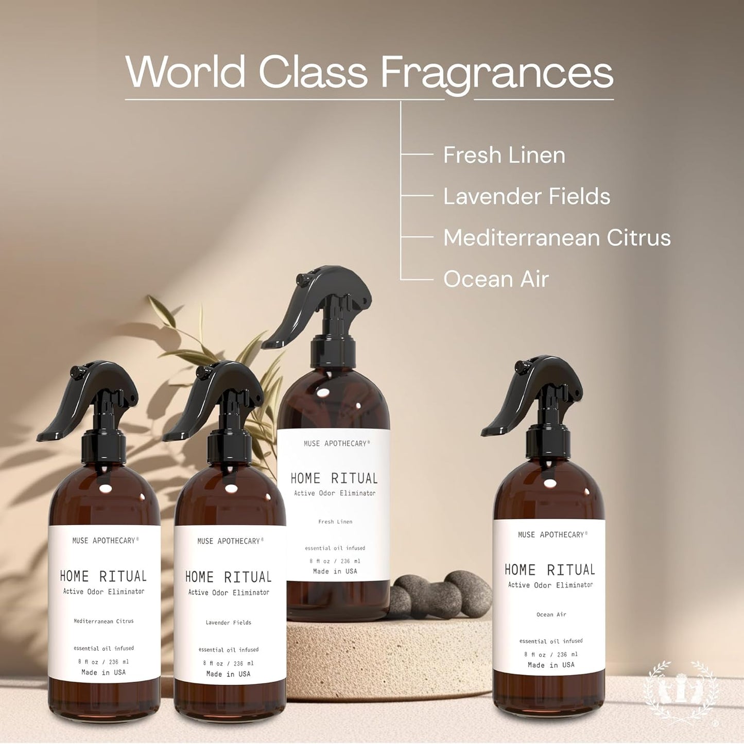 Muse Apothecary Home Ritual Active Odor Eliminator Spray - Furniture Deodorizer Spray & Bathroom Odor Eliminator for Home - Essential Oil Air Freshener - 4oz, Lavender Fields