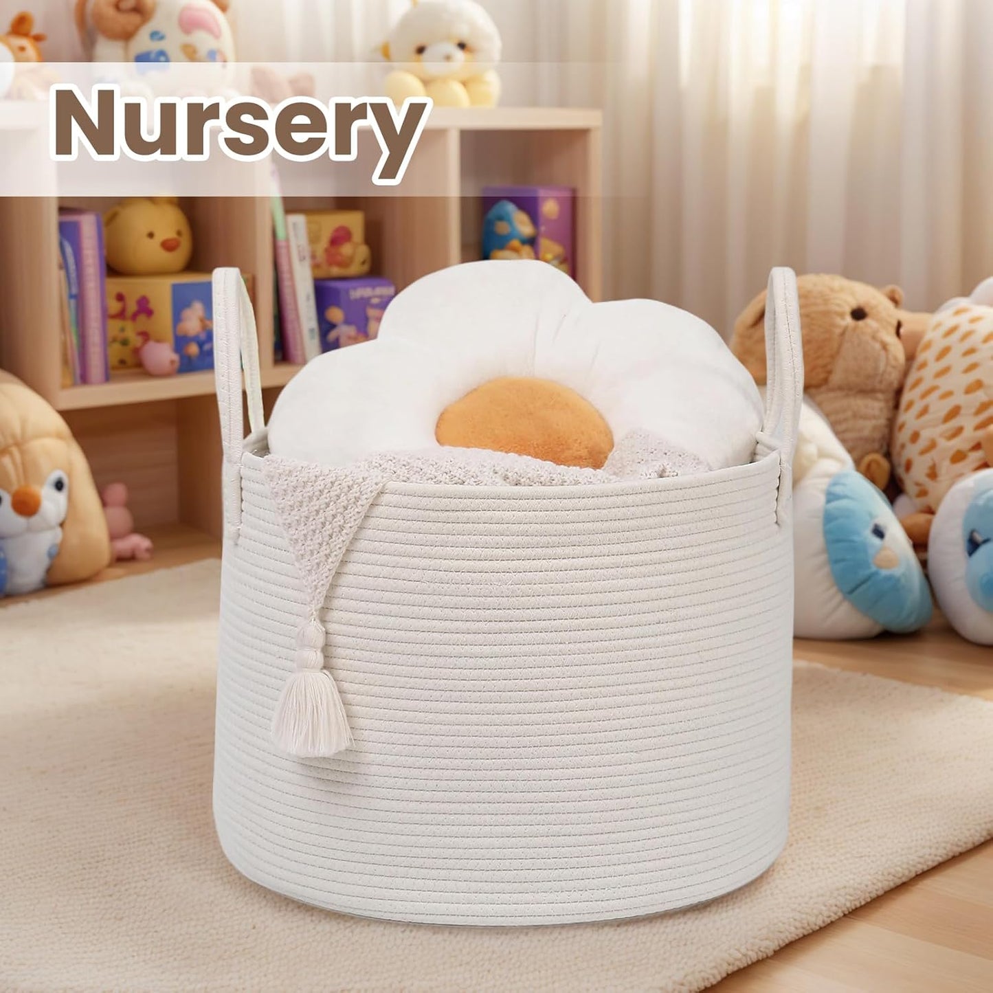 Woven Blanket Basket,65L Large Rope Storage Bin with Handles, Organizer for Blankets Toys Book and Clothes, Laundry Basket for Living Room Bedroom Nursery,White
