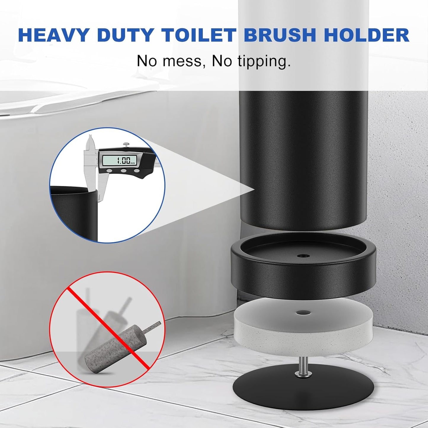Black Toilet Brush and Holder Set, 304 Stainless Steel Heavy Duty Toilet Bowl Brush and Holder with Long Handle, Removable Inner Bowl and Splash Protection Modern Toilet Cleaner Brush for Bathroom