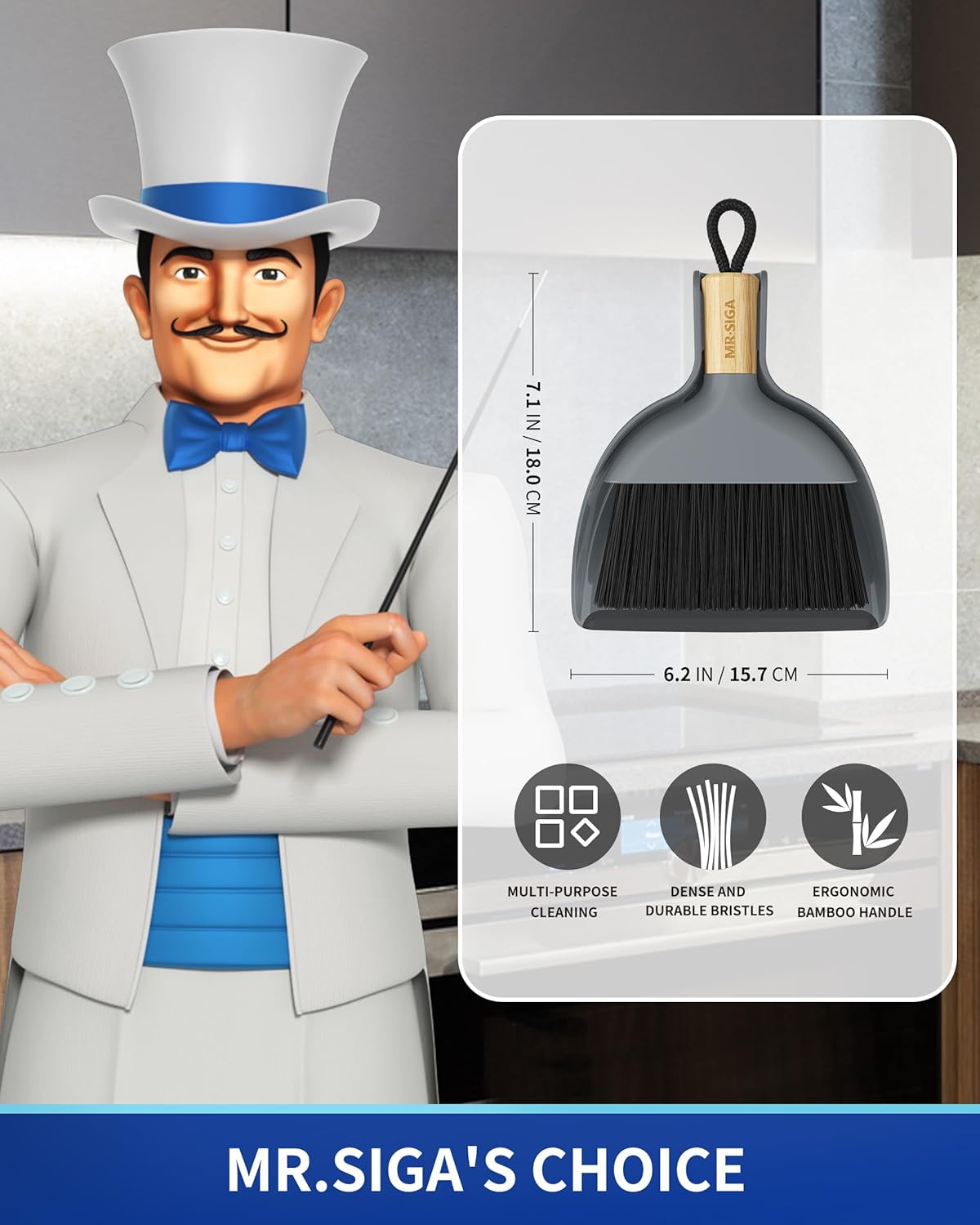 MR.SIGA Mini Dustpan and Brush Set, Portable Cleaning Brush and Dustpan Combo with Bamboo Handle, Gray, 1 Set