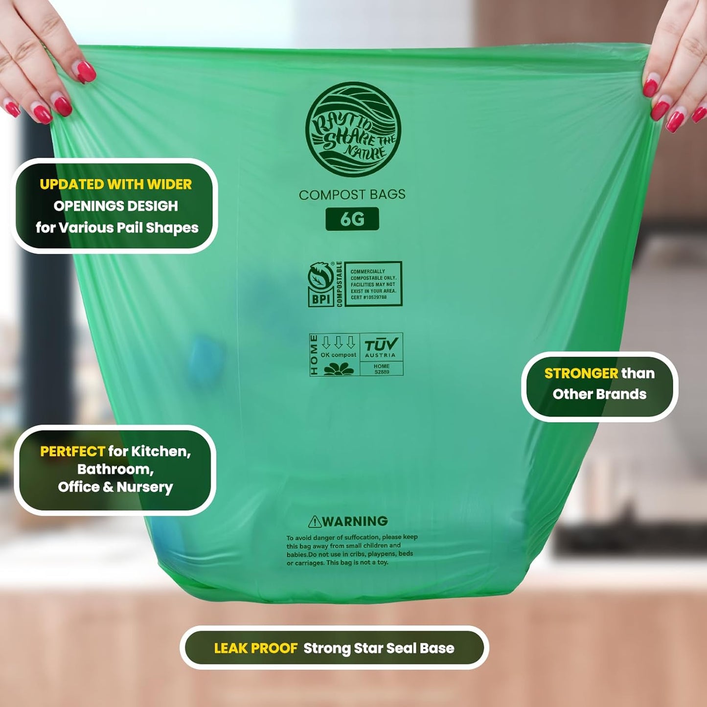 Compostable Bags, 6 Gallon Food Scraps Yard Waste Bags,Fits 5-6-8 Gallon trash can, 30 Liter, 70Count, Heavy Duty 0.85 Mils, ASTMD 6400 Kitchen Trash Bags, BPI&OK compost HOME certified
