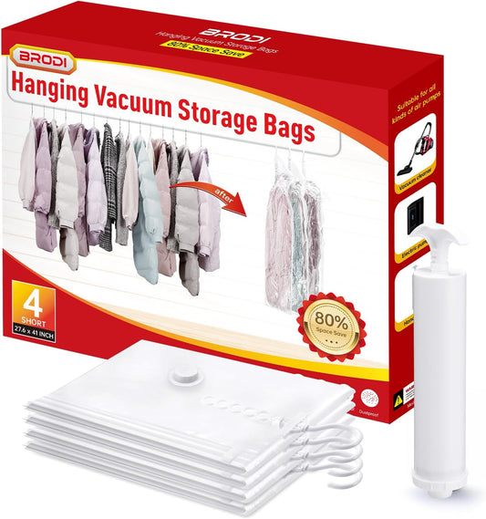 Hanging Vacuum Storage Bags For Clothes With Hand Pump,Coat Storage Bag Hanging,Vacuum Bags For Clothes,Space Saver Vacuum Storage Bags,Garment, Clothing, Dress, Suit, Long Coat, Jacket(Short 4 Pack）